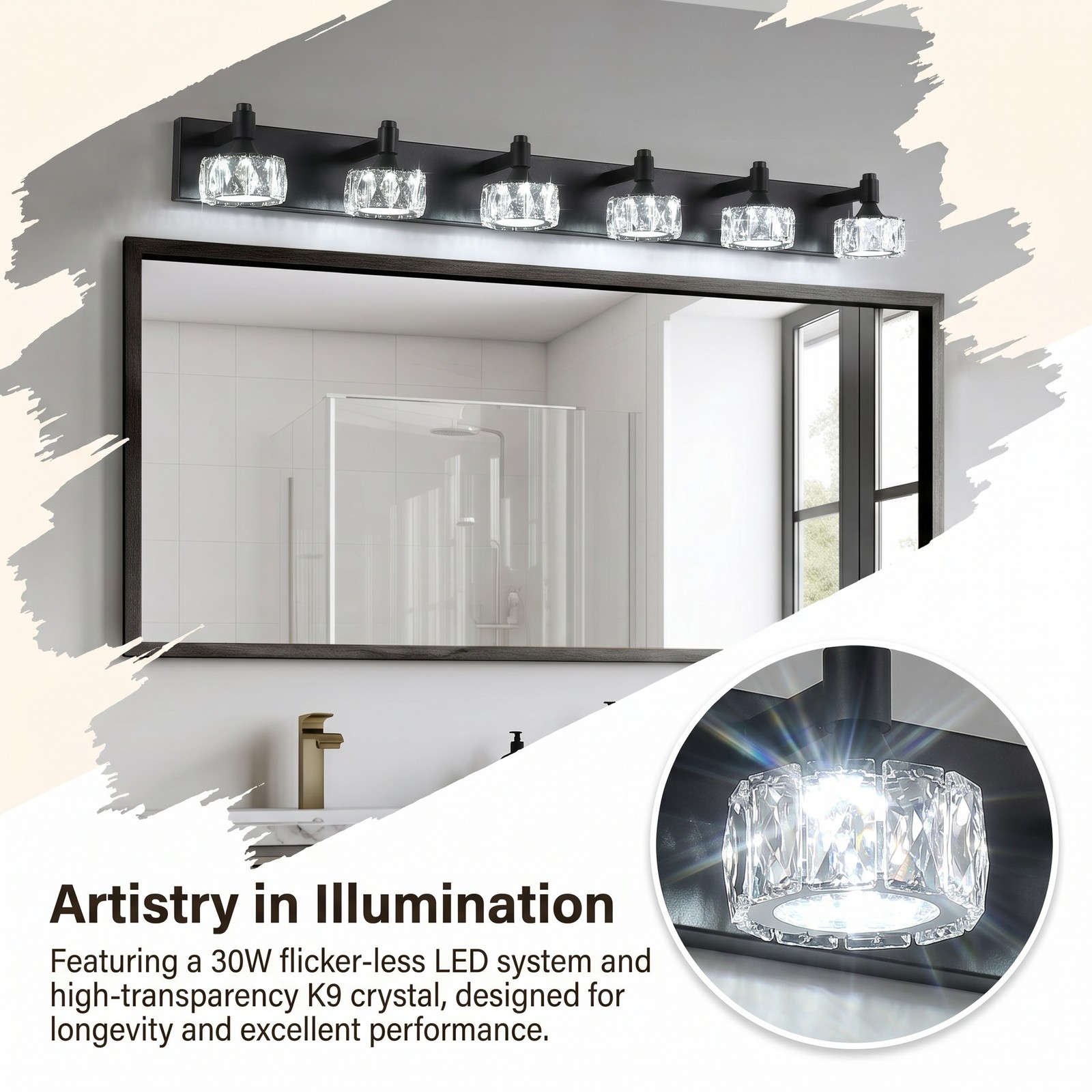 44» Crystal Shade Vanity Light 6 Lights LED Bathroom Mirror Wall Sconce Fixture