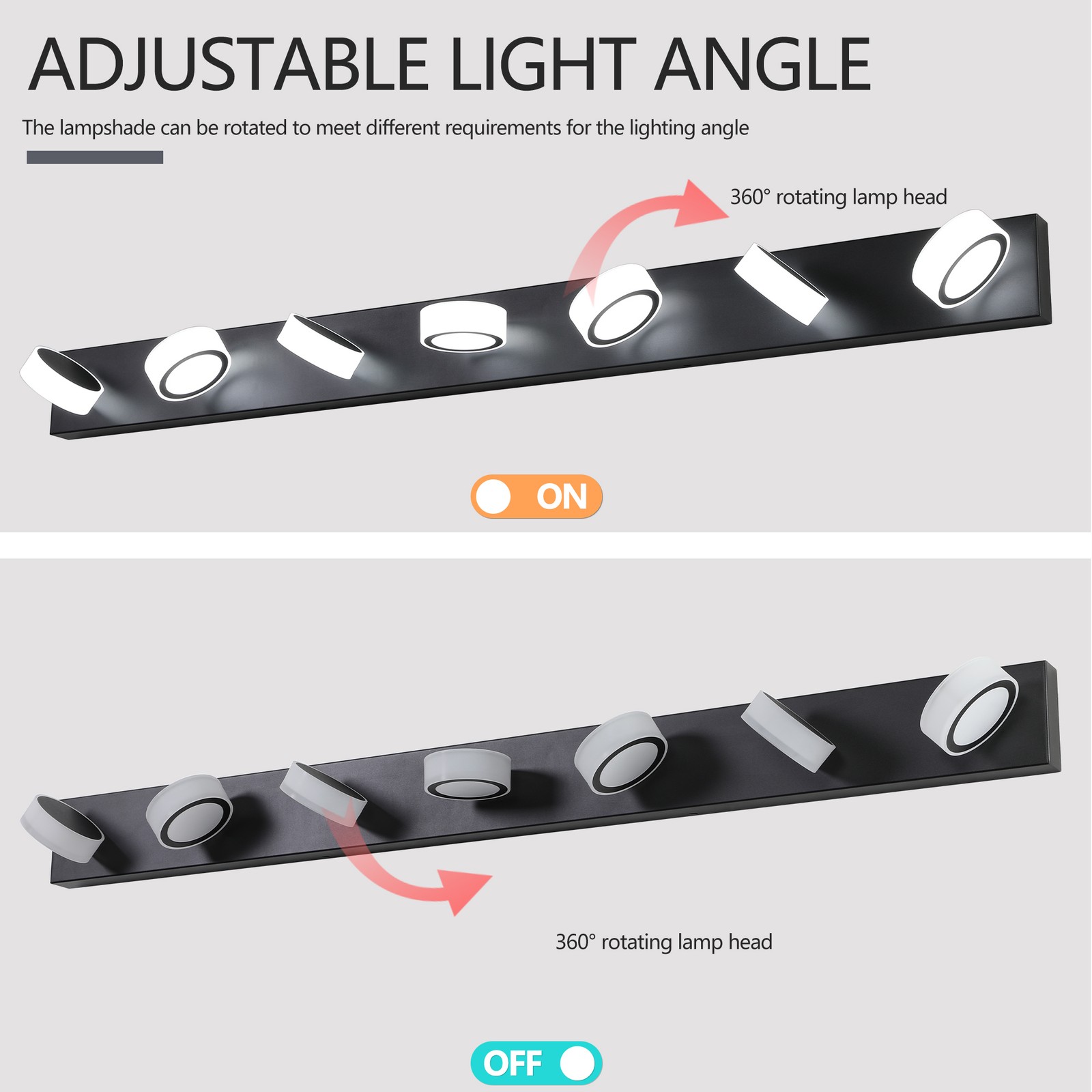 LED 52» Vanity 7 Light Rotating Round Black Bathroom Mirror Wall Lamp Fixture