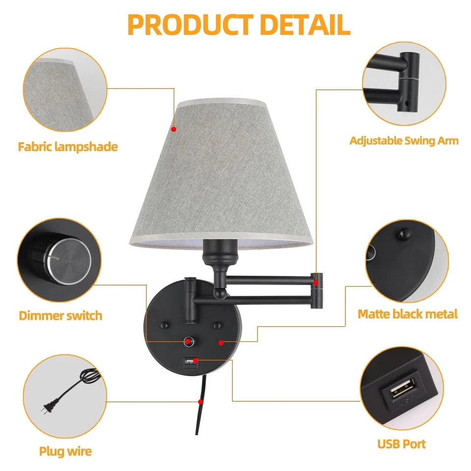 Swing Arm Wall Lamp.Wall Mount lamp with Dimmable Switch.Plug in Wall Sconces
