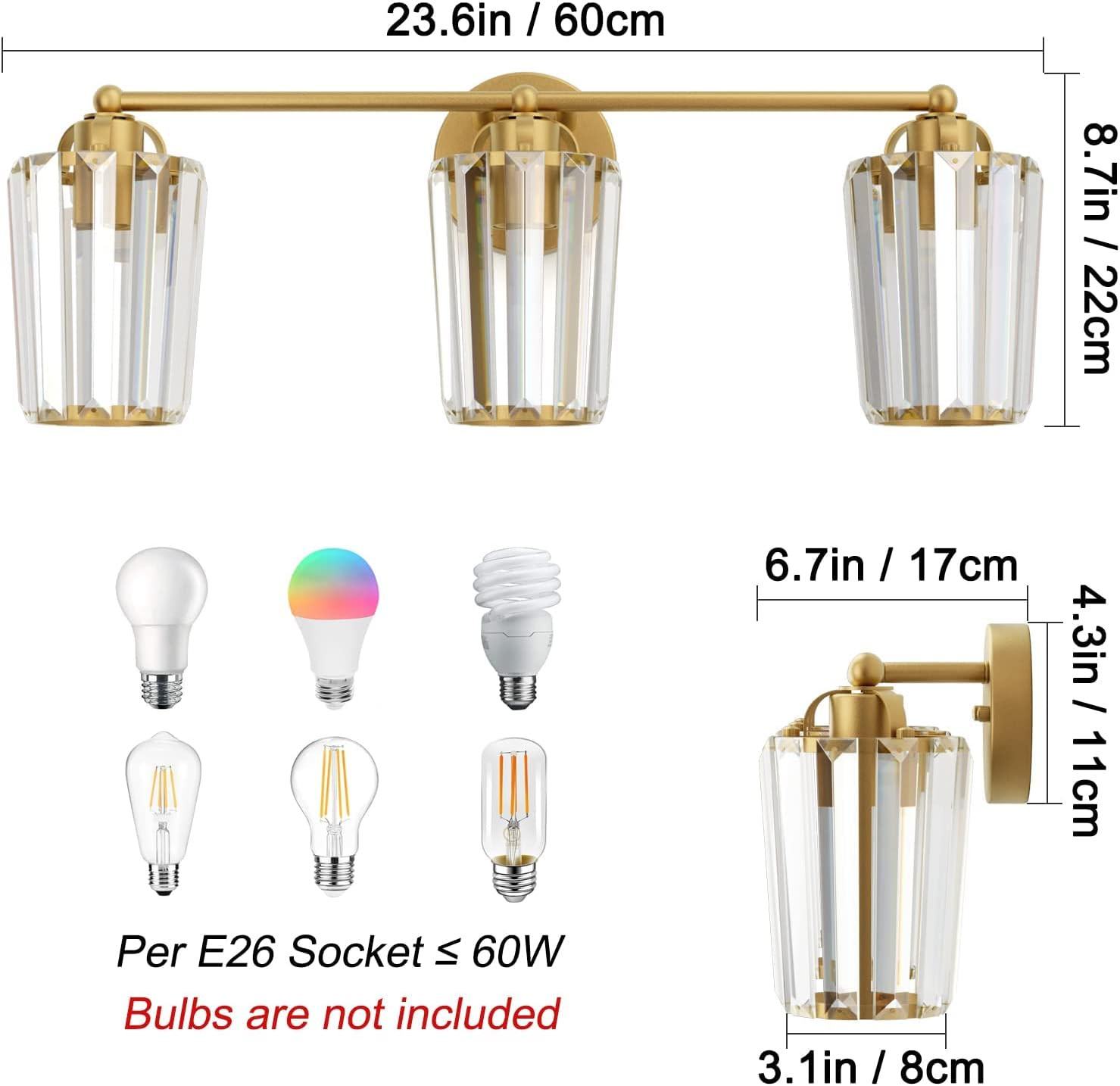 Crystal Vanity Lighting Fixtures 3 Light Bathroom Vanity Light Gold Light Fixtur