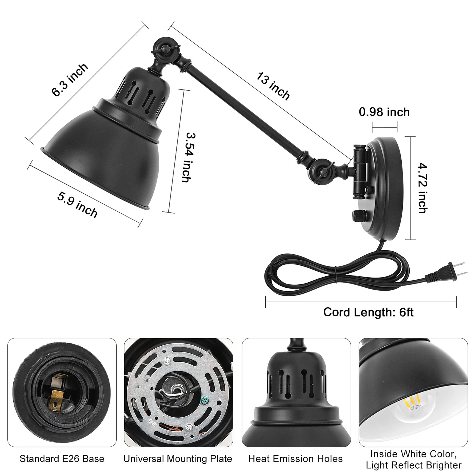 Plug in Wall Sconces, Wall Sconce Lighting with Dimmable On Off Switch, Swing Ar