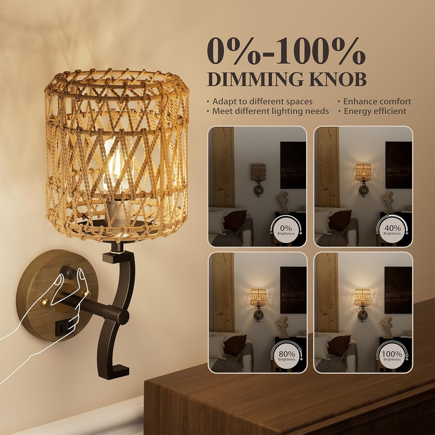 HYMELA Rattan Wall Sconce Boho Farmhouse Rustic Accent Light Fixture 54303d67