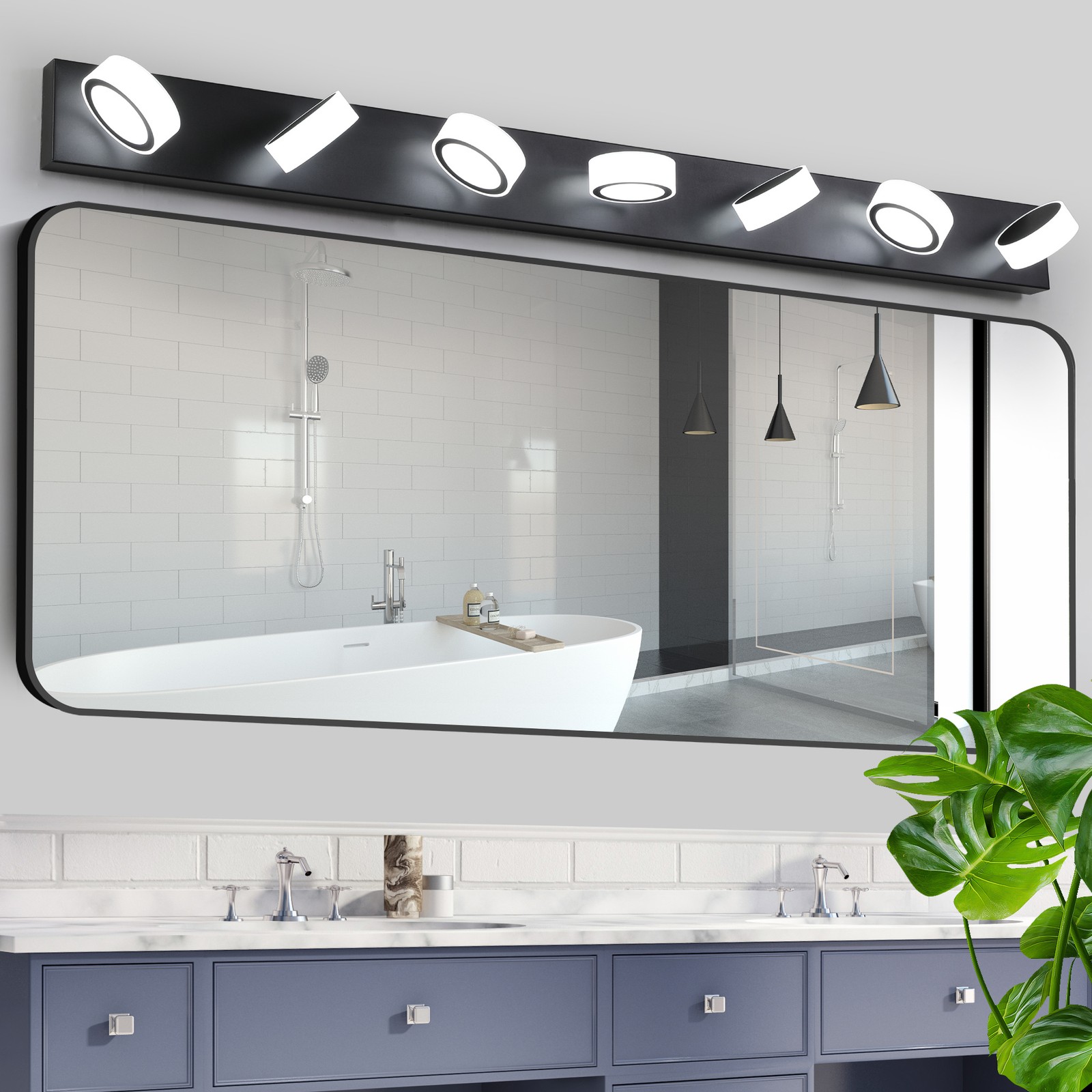 LED 52» Vanity 7 Light Rotating Round Black Bathroom Mirror Wall Lamp Fixture