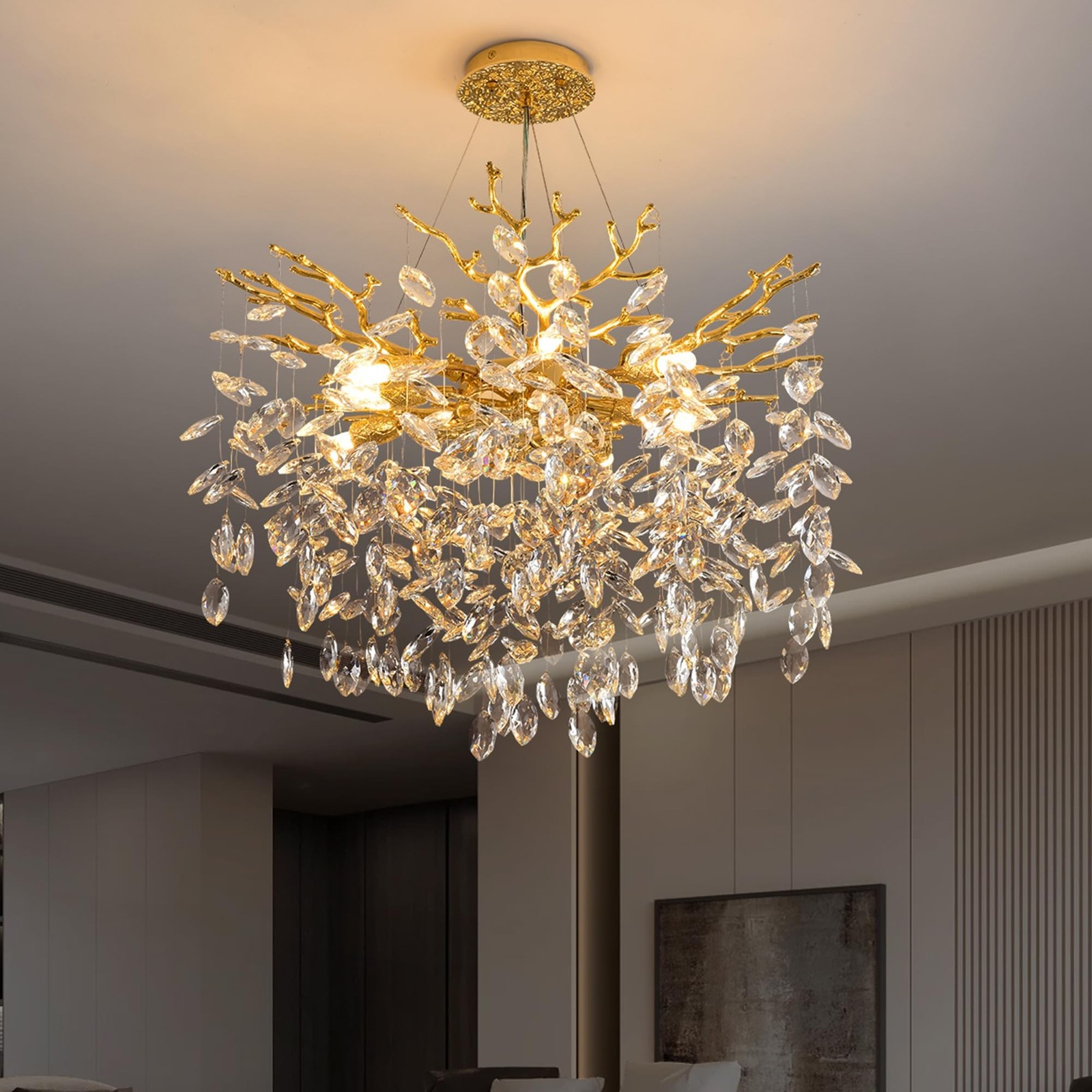 Modern Crystal Tree Branch Chandelier, D23.7» Round Gold Raindrop Indoor Han…