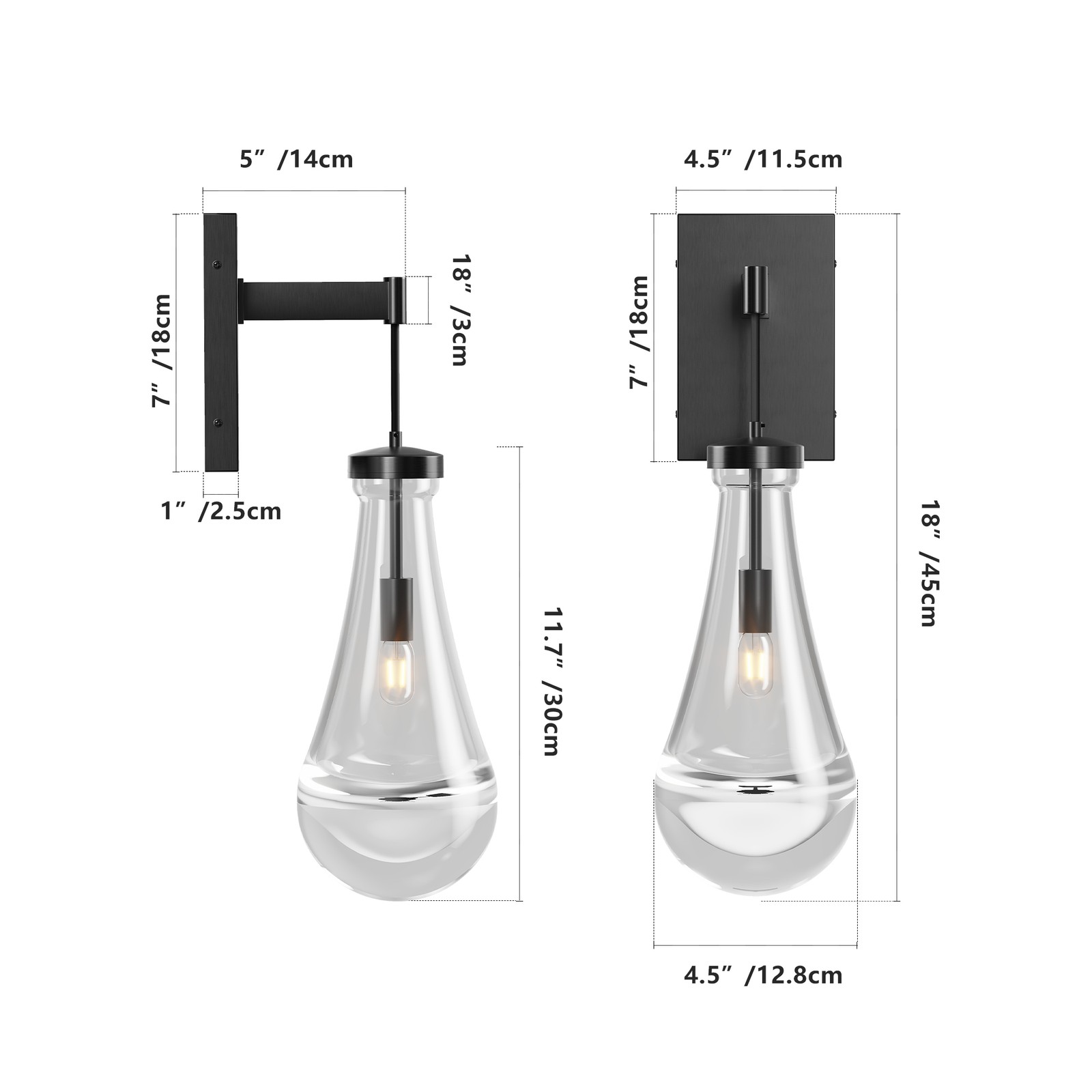 2 Pack Raindrop Solid Glass Wall Lamp Black Vanity Light Bathroom Sconce Fixture