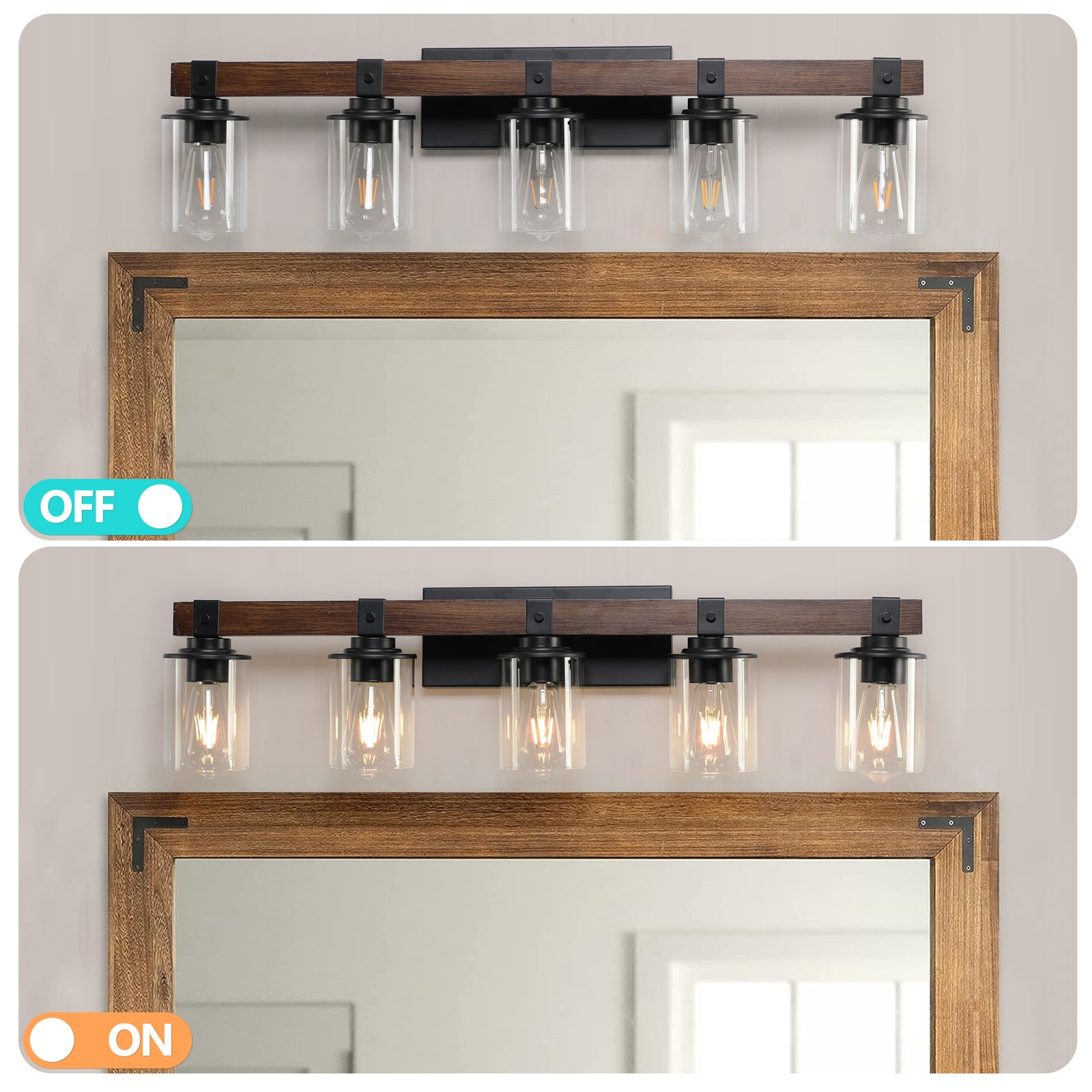 35 In Wall Sconce Wood Vanity Light LED Farmhouse Bathroom 5 Lights Clear Glass
