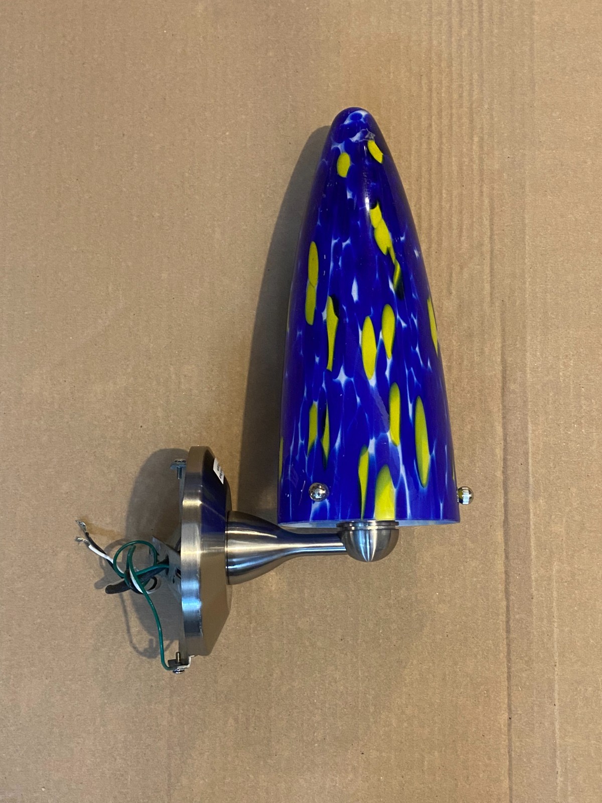 Modern Blue Art Glass Wall Sconce Light – Yellow Speckled Shade – Brushed Nickel