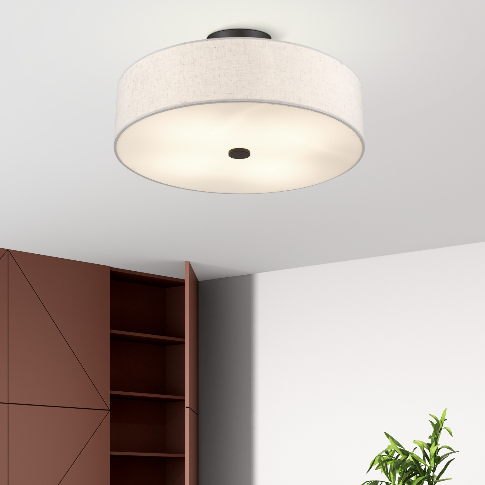 Elevate any room with this semi-flush mount & oatmeal fabric drum shade.