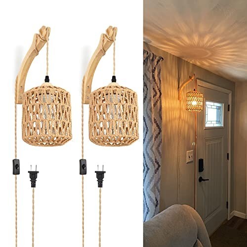 Plug In Wall Sconces Set of Two Hand Woven Rattan Boho Farmhouse Wood Plug In
