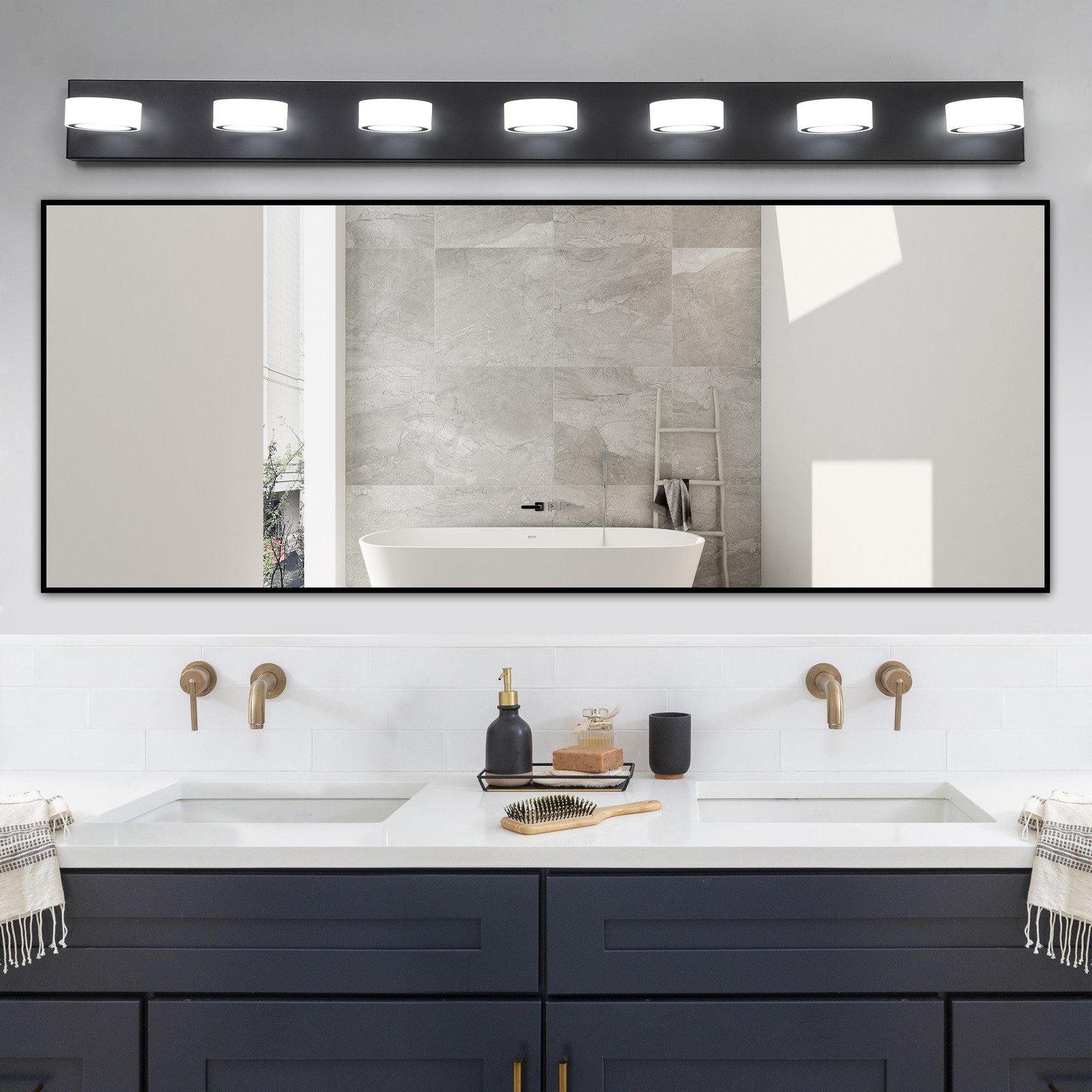 LED 52» Vanity 7 Light Rotating Round Black Bathroom Mirror Wall Lamp Fixture
