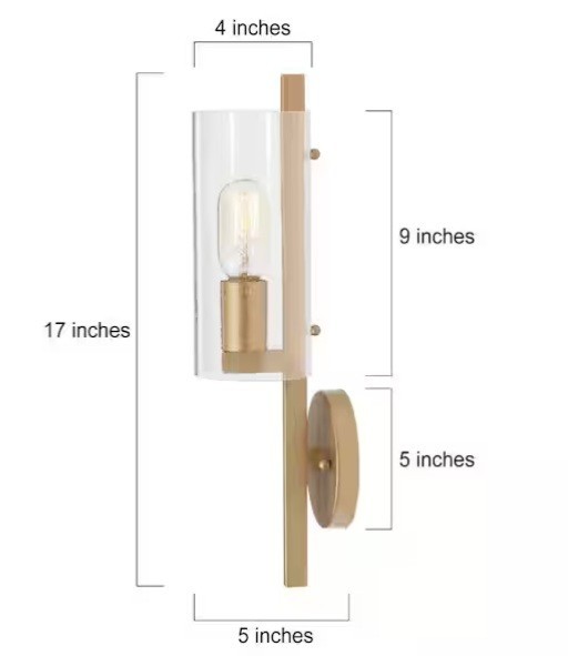 Uolfin 17in H. Modern Cylinder Wall Sconce 1-Light Large Brass Gold seeded glass