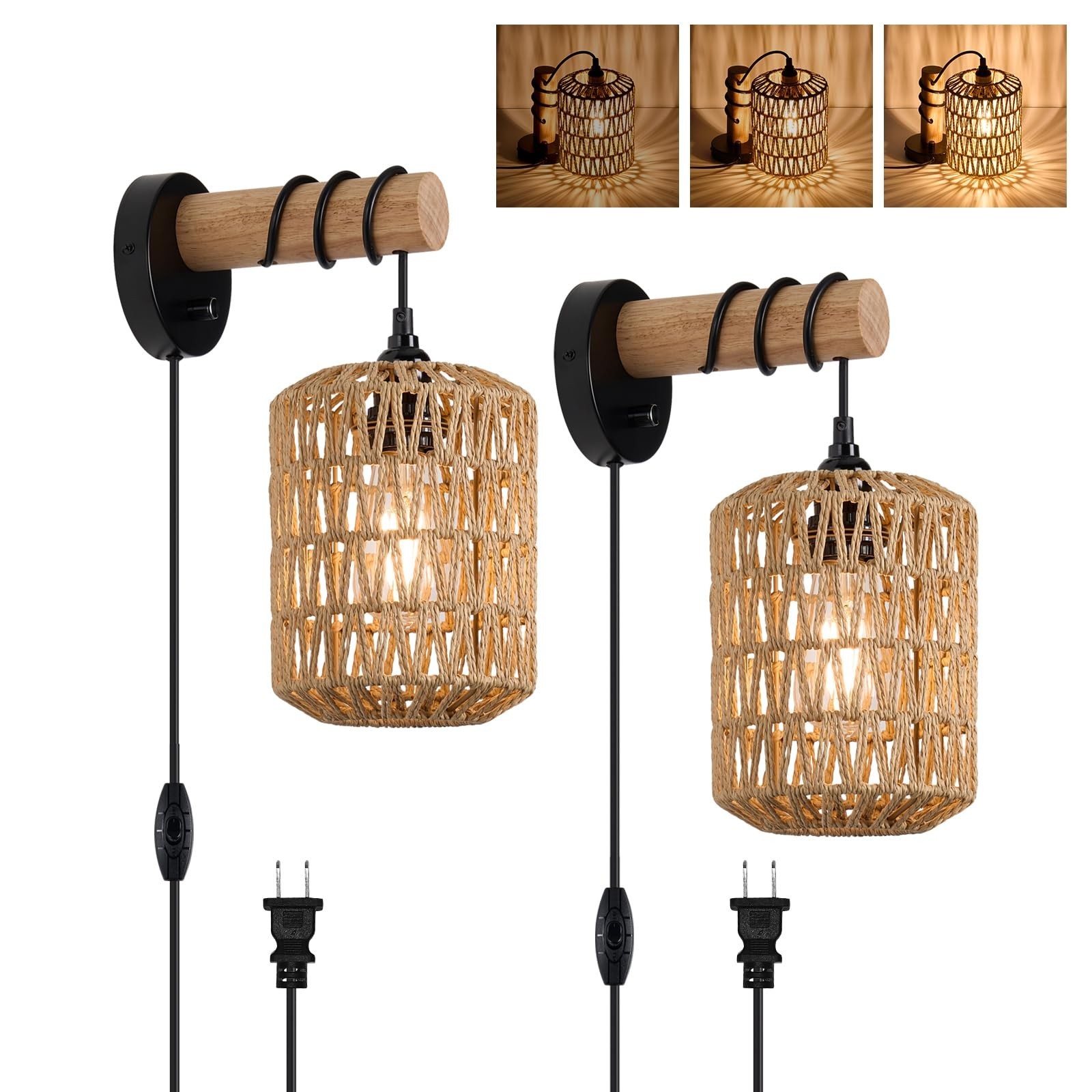ALAISLYC Rattan Wall Sconce Set of 2 Boho Dimmable Plug in for Living Room