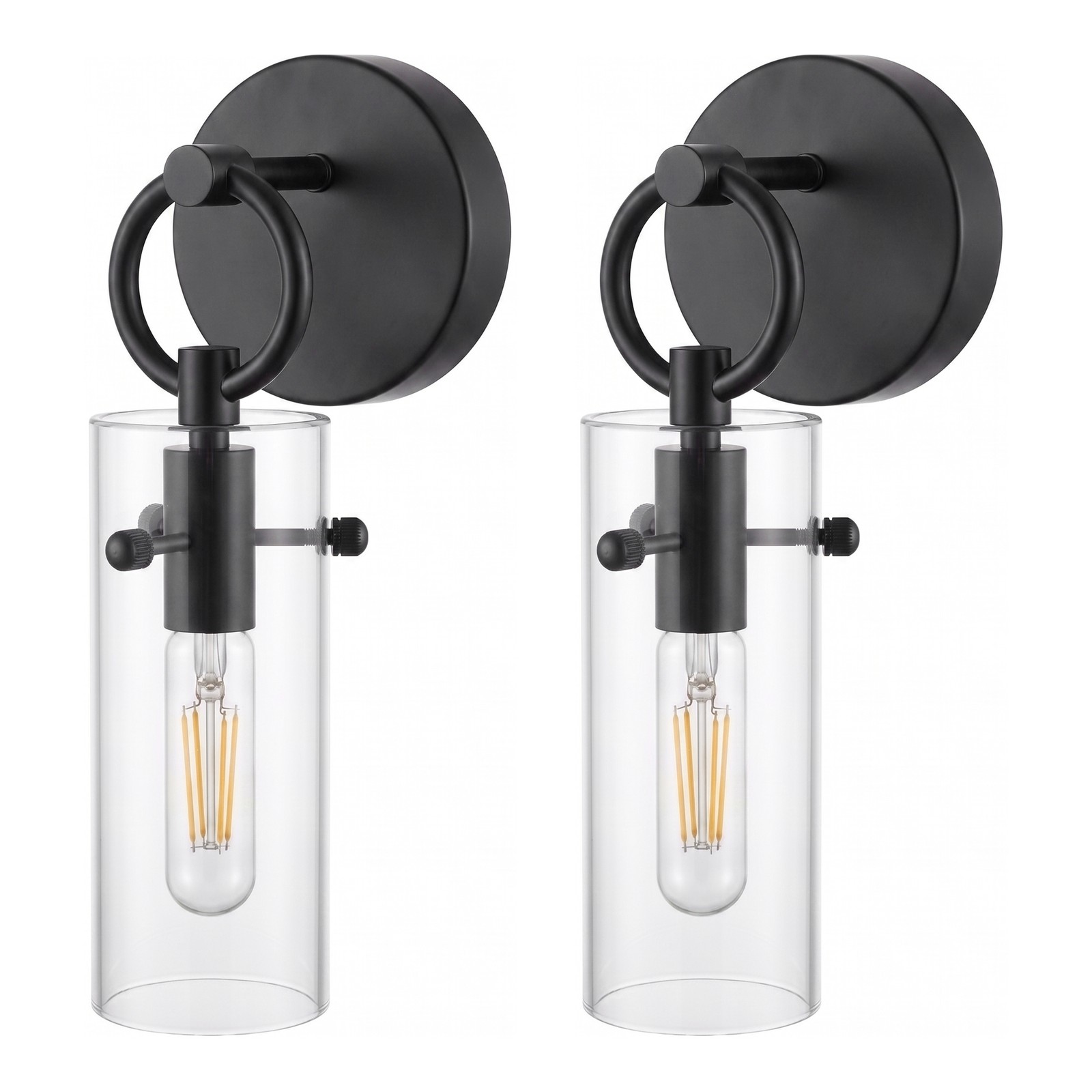 2PCS Matte Black Wall Sconce Light Fixture with Clear Glass Cylinder Shade