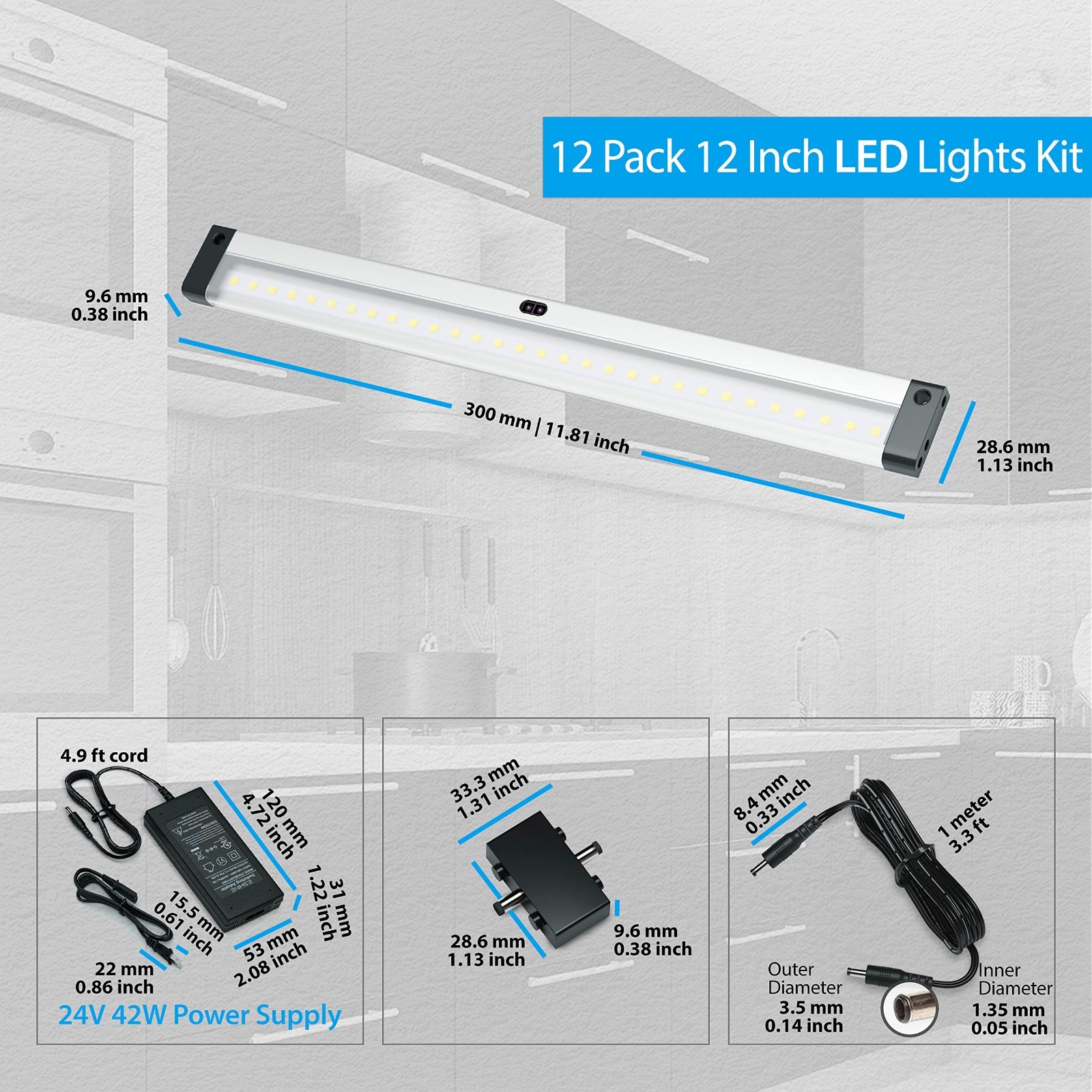 Dimmable Touchless LED Under Cabinet Lighting Kit, 12-Pack, Warm White 3000K