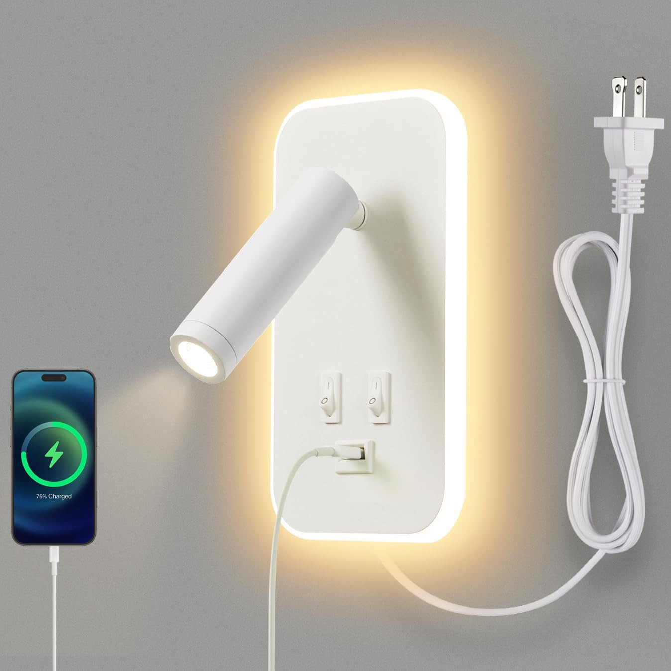 Stylish Wall Sconce with USB Ports – Plug-In or Hardwired Bedside Lamp