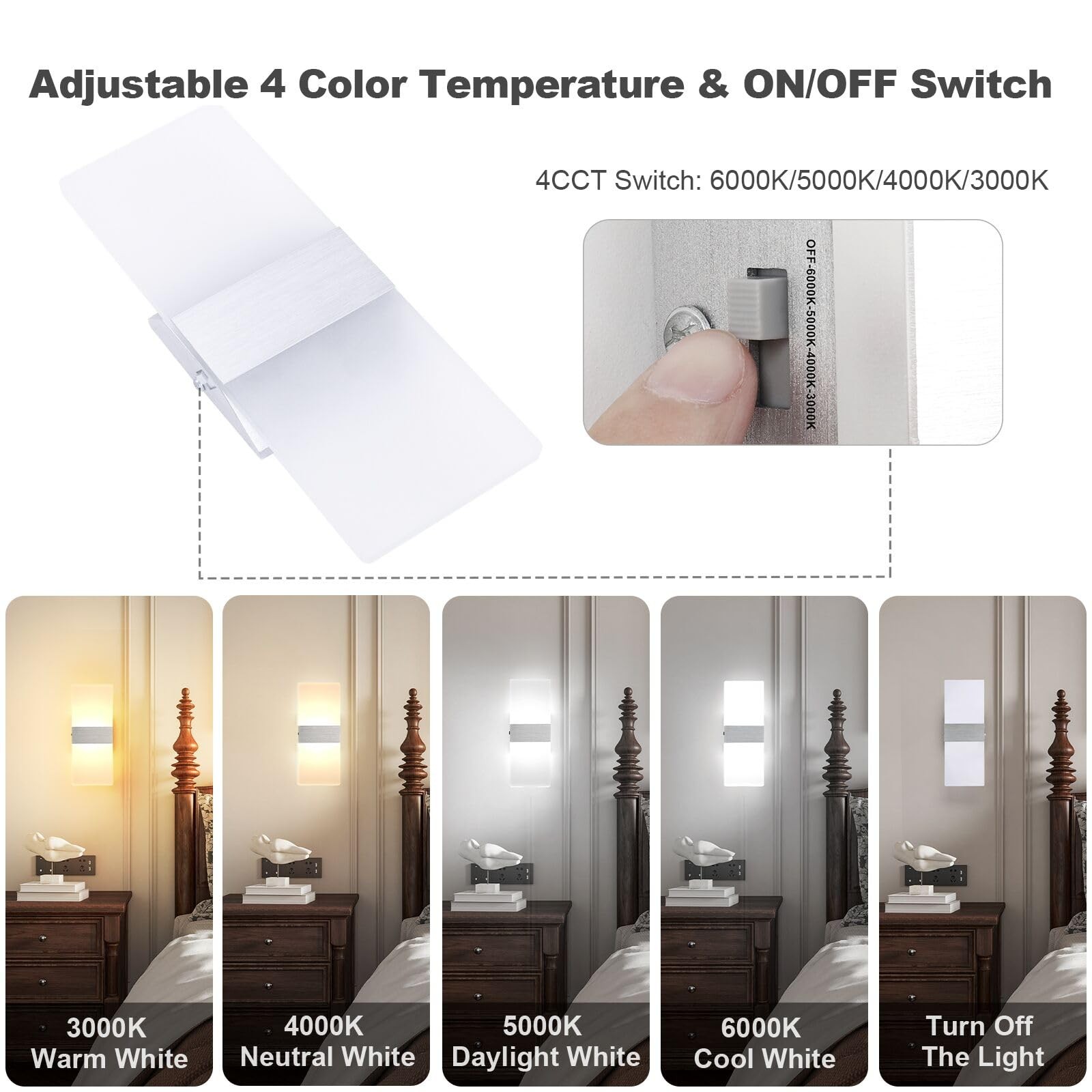 Dimmable LED Wall Sconces, 4 Color Temperature 12W Modern Wall Sconce Wall Mo…
