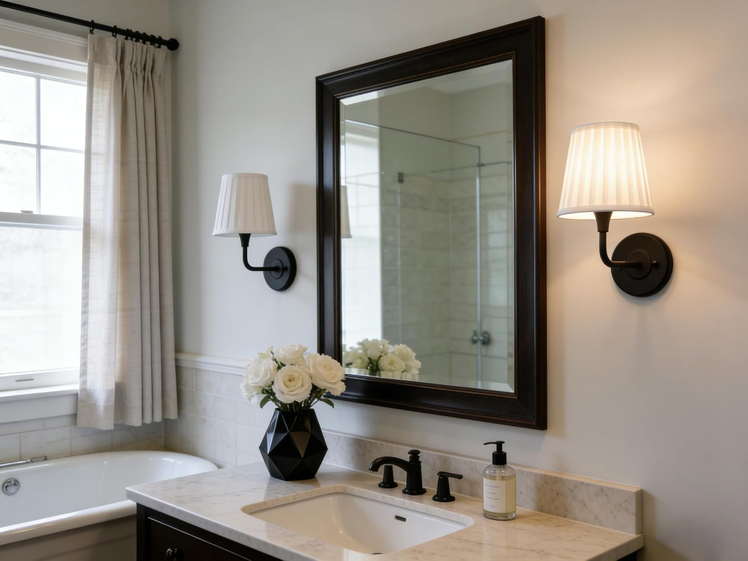 Set of 2 Antique Black Wall Sconces with Beige Pleated Shades for Any Room