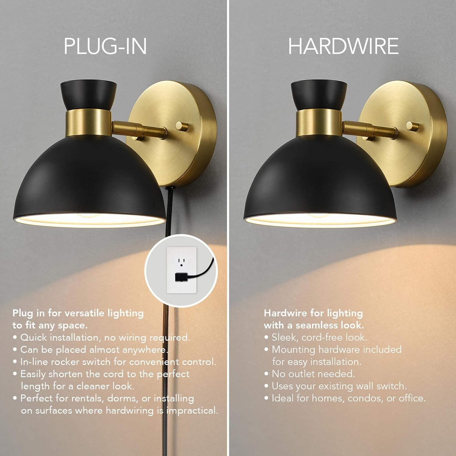 Matte Brass Wall Sconce with Pivoting Shade and 6Ft Cord, Living Room Light