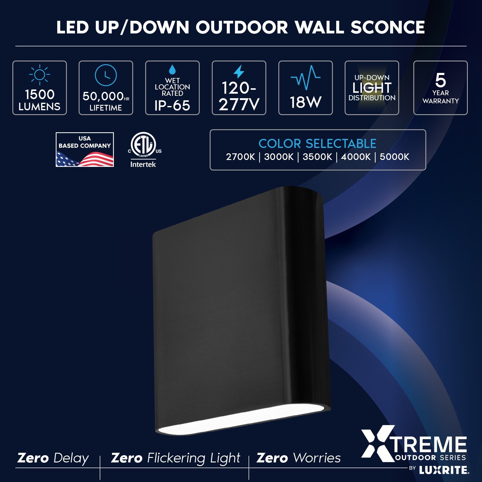 Luxrite 5″ LED Up and Down Wall Light, 5CCT, IP65, Black, 18W, 1500LM, ETL