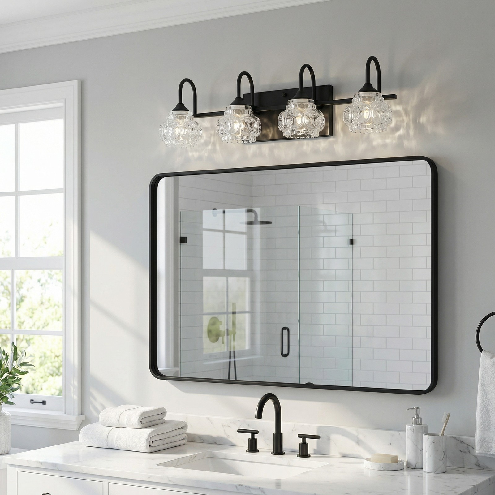 23» Vanity Light 4 Lights Black with Crystal Shade Bathroom Mirror Wall Fixture
