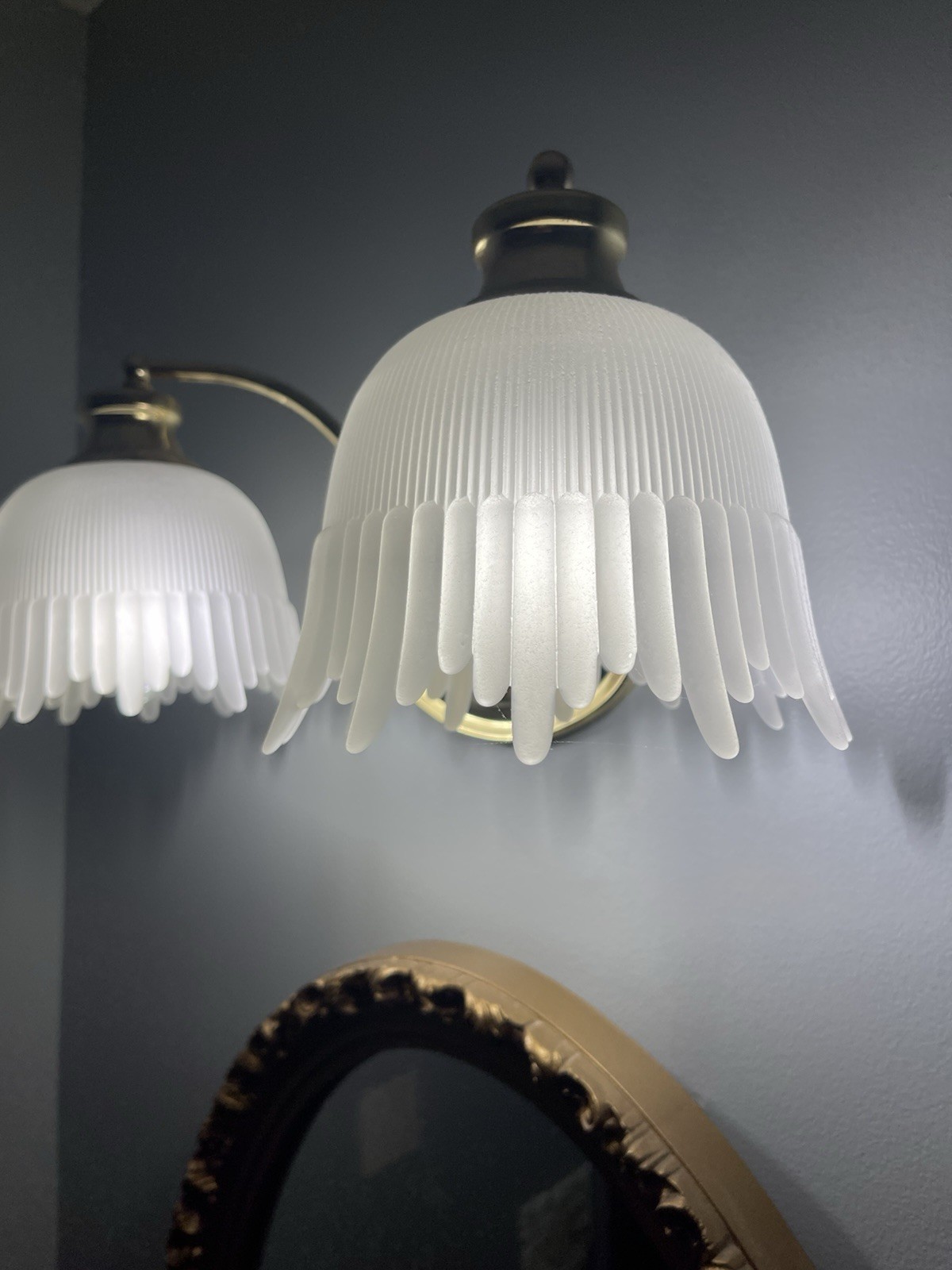 90s Art Deco Wall Sconce Vanity Light Frosted Bell Flower Glass Polished Brass