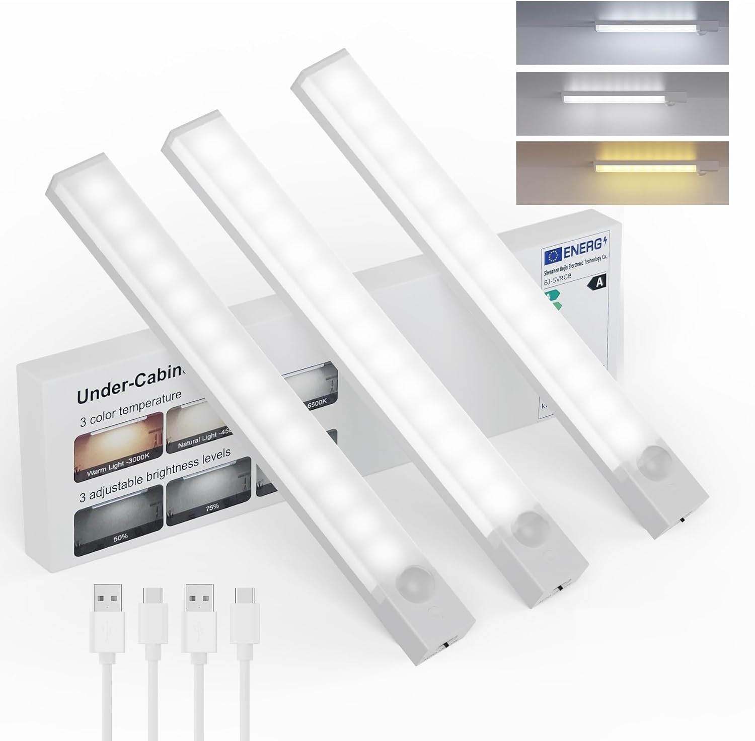 Dimmable Rechargeable LED Under Cabinet Lighting – 3-Pack, 8 Inch, Motion Sensor