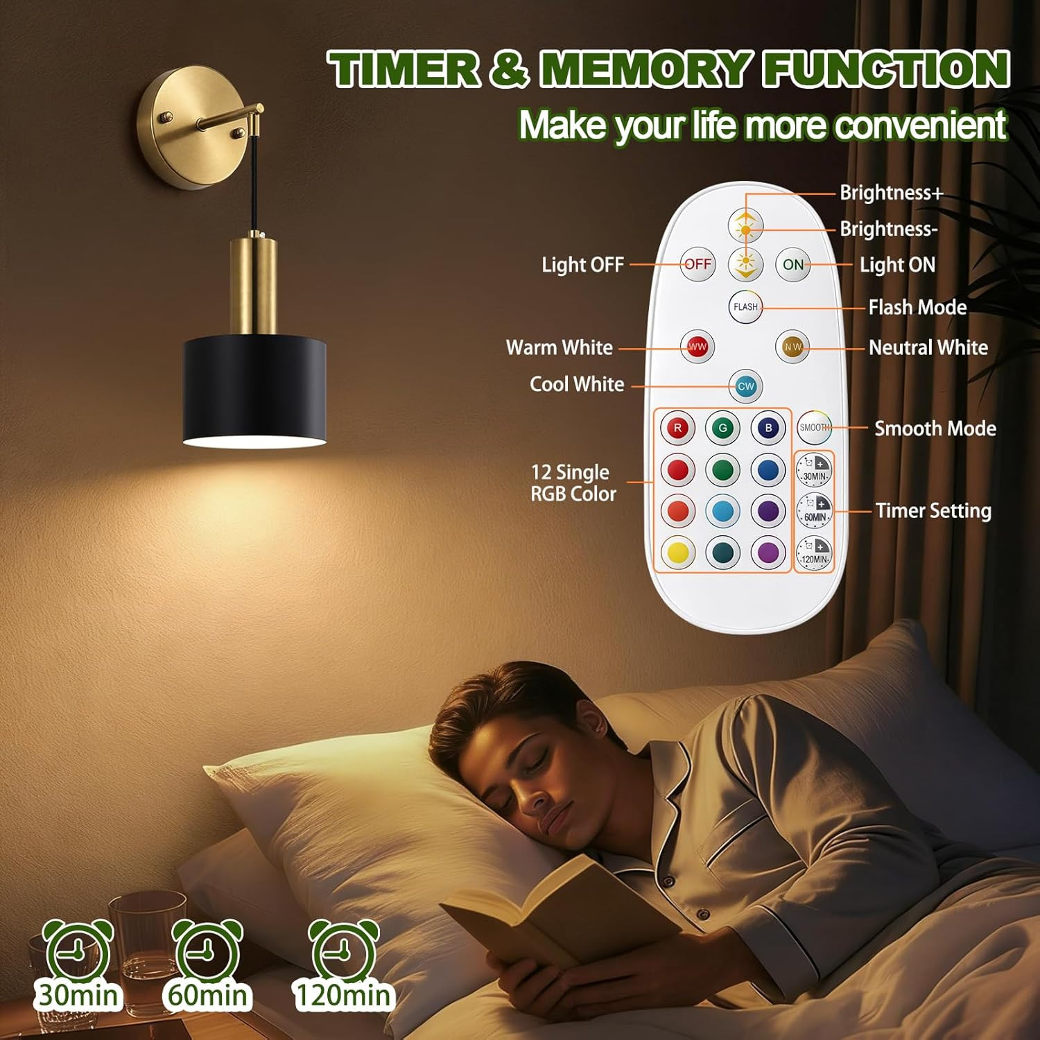 Rechargeable Black & Gold Wall Sconces Set of 2 with Remote & 15 Colors