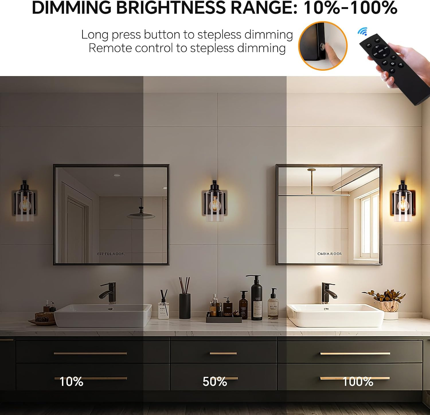 Modern Wall Sconces with Remote – Set of 2 Clear Glass LED Vanity Lights