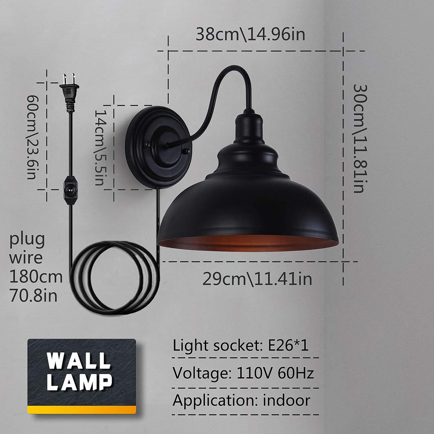 Dimmable Wall Sconce Plug in, Industrial Farmhouse Black with Plug-in Cord