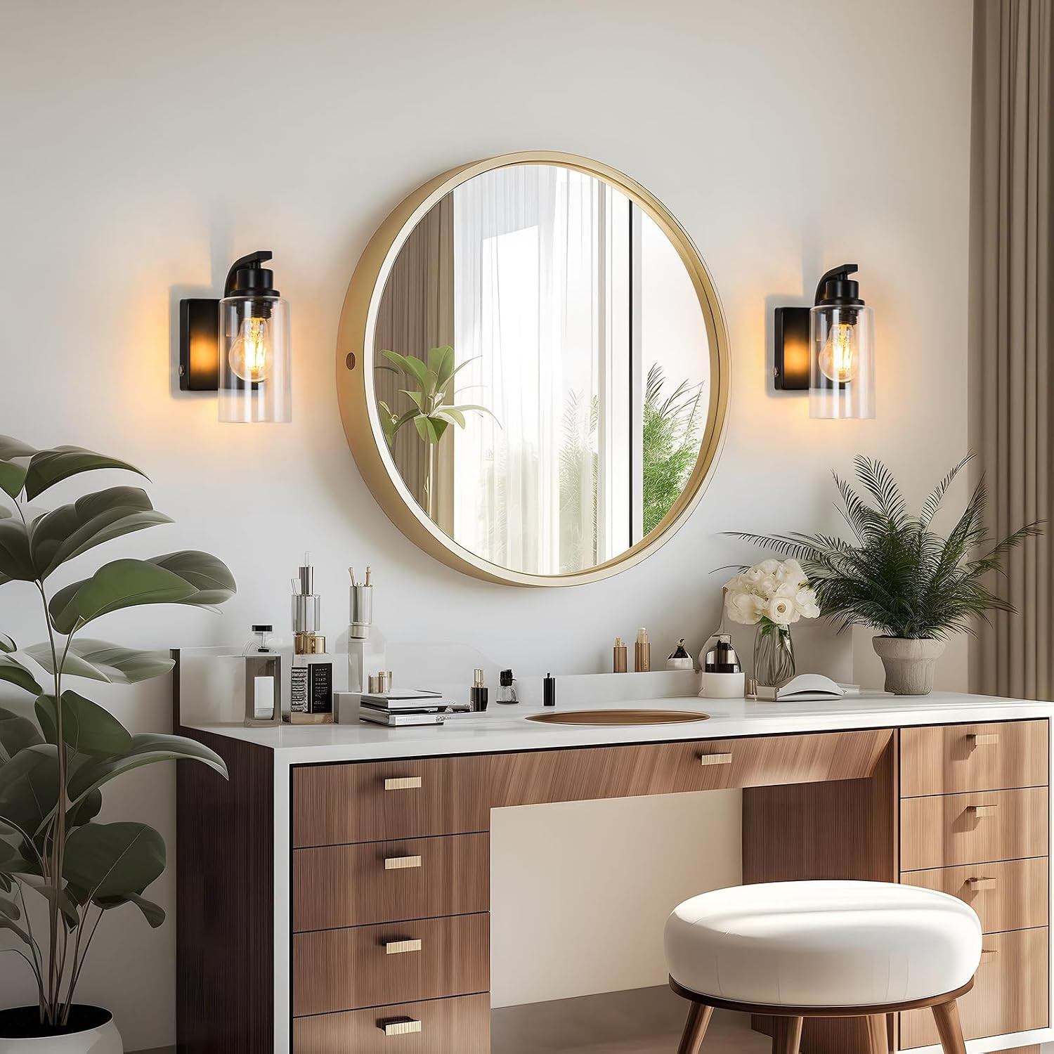 Modern Wall Sconces with Remote – Set of 2 Clear Glass LED Vanity Lights