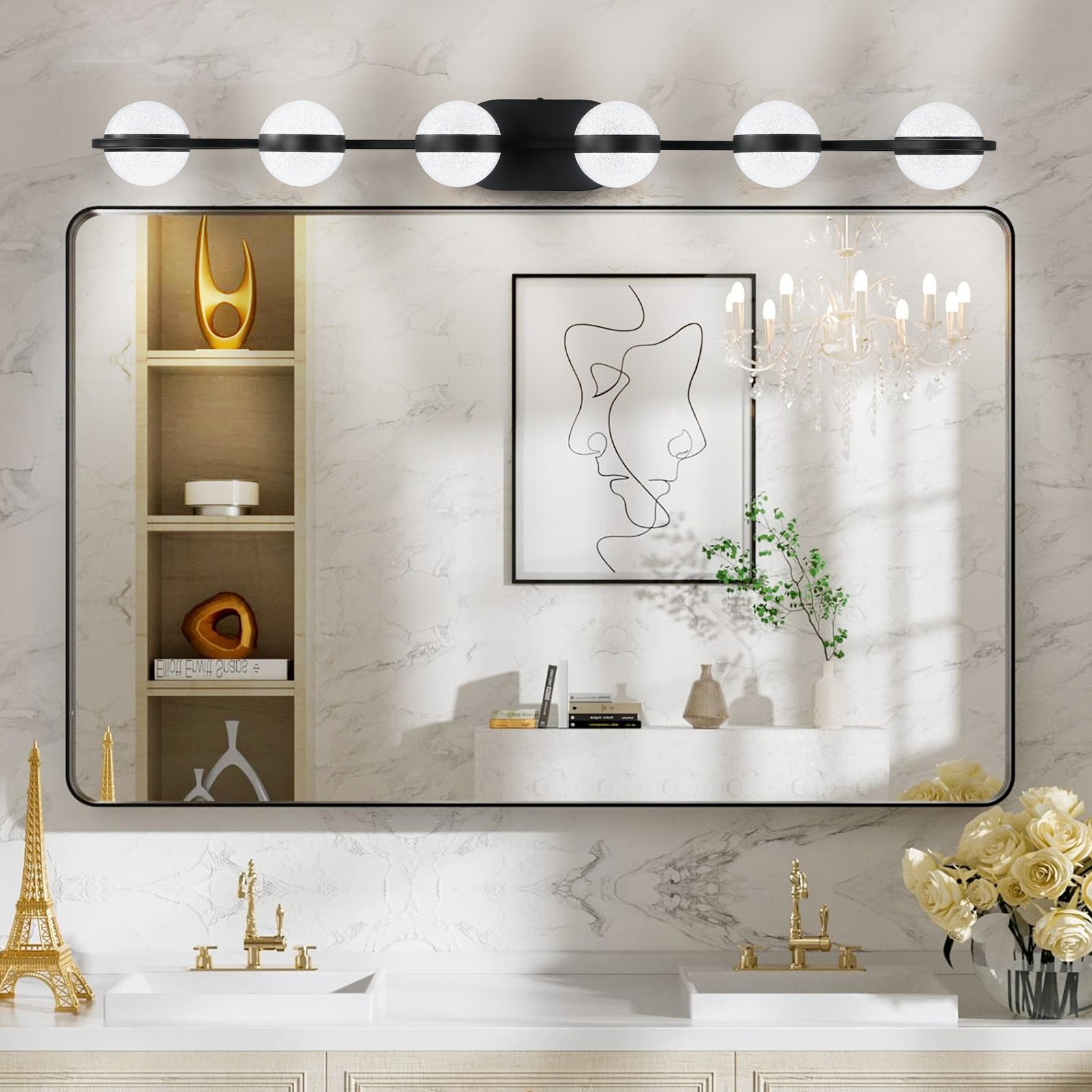 43 Inch Black Vanity LED Light 6 Lights Fixture Crystal Sand Acrylic Shades