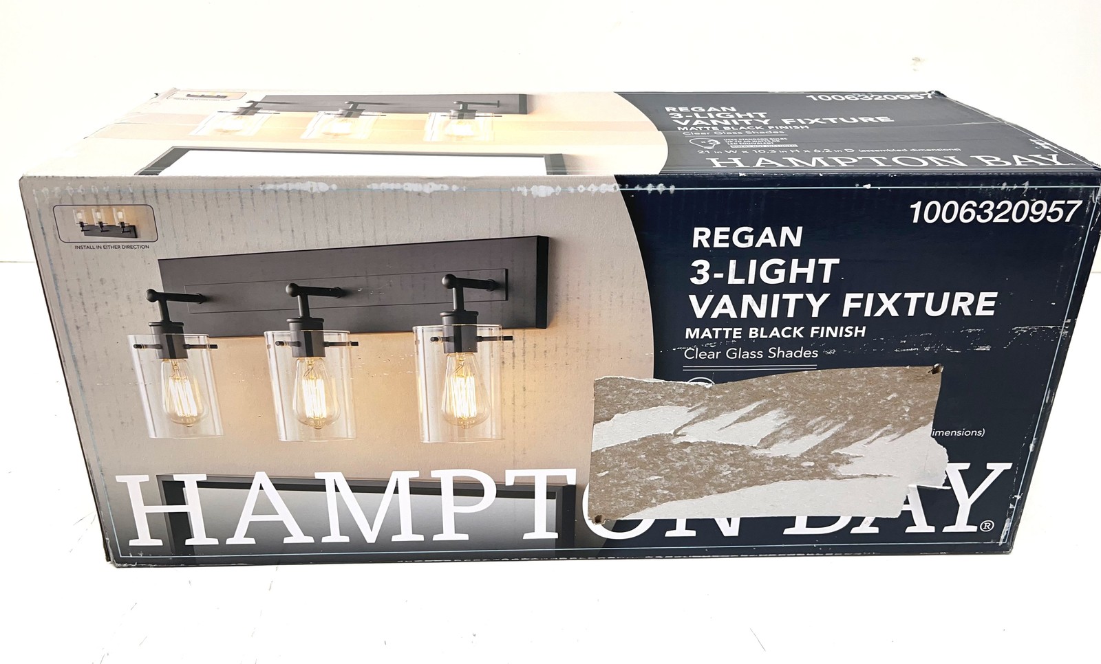 Hampton Bay Regan 21 in. 3-Light Matte Black Bathroom Vanity Light Clear Glass