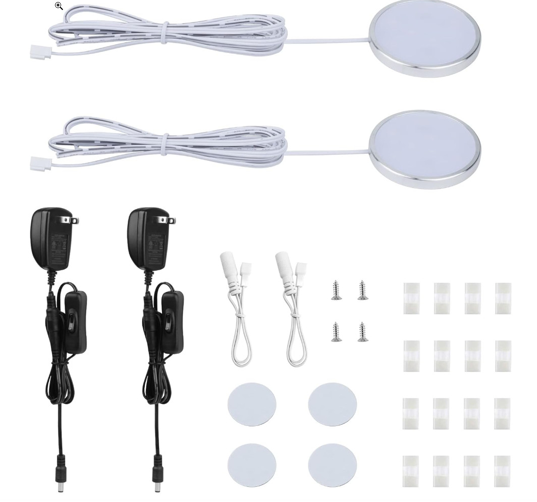 2 Pack LED Under Cabinet Puck Light Kit 120V Plug in Counter Closet Warm White