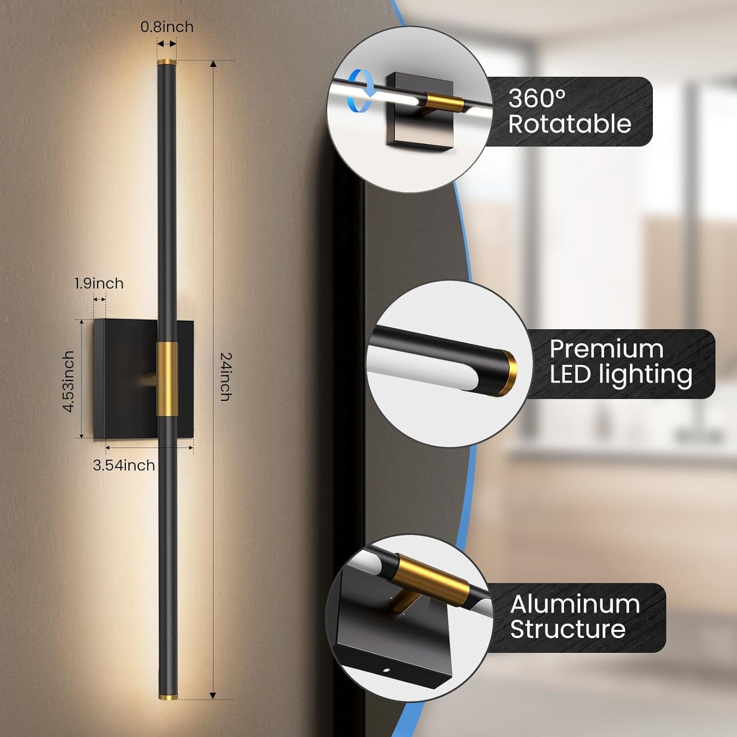 Dimmable 24″ Modern Bathroom Vanity Light with Remote & Color Temp Control
