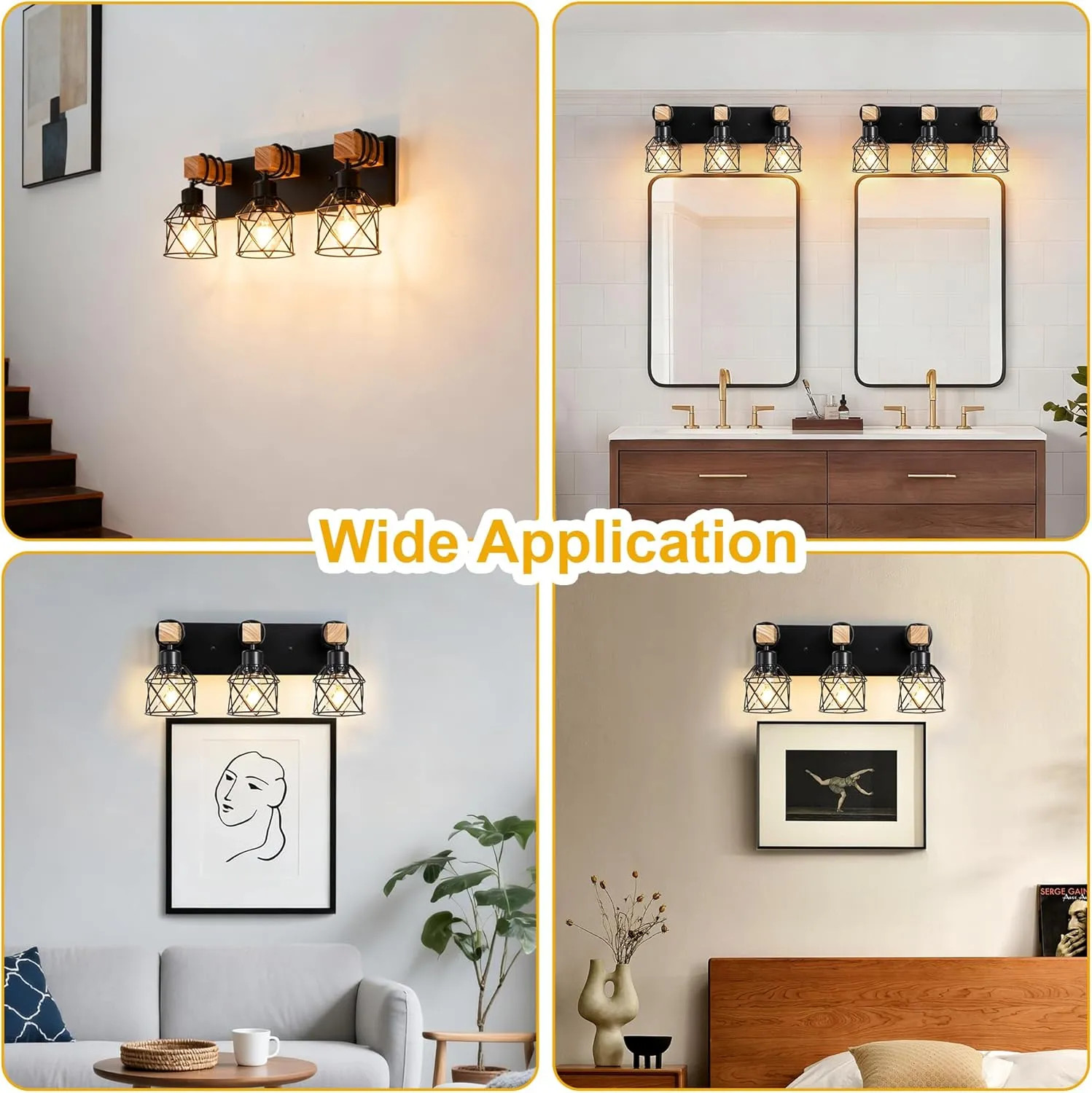 3 Light Bathroom Vanity Wall Lamp Rustic Wood And Black Metal Cage Farmhouse…