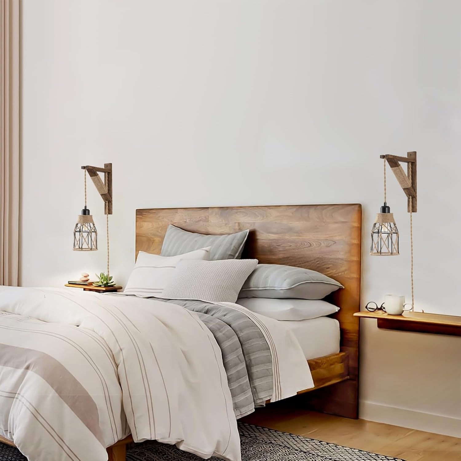 2-Pack Plug-in Wall Sconces – Farmhouse Metal Cage Lights with Distressed Wood B