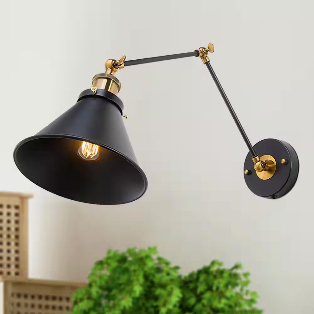 Matte Black Industrial Wall Sconce 1-Light Bell Swing Arm Desk Lamp Hardwired/Pl