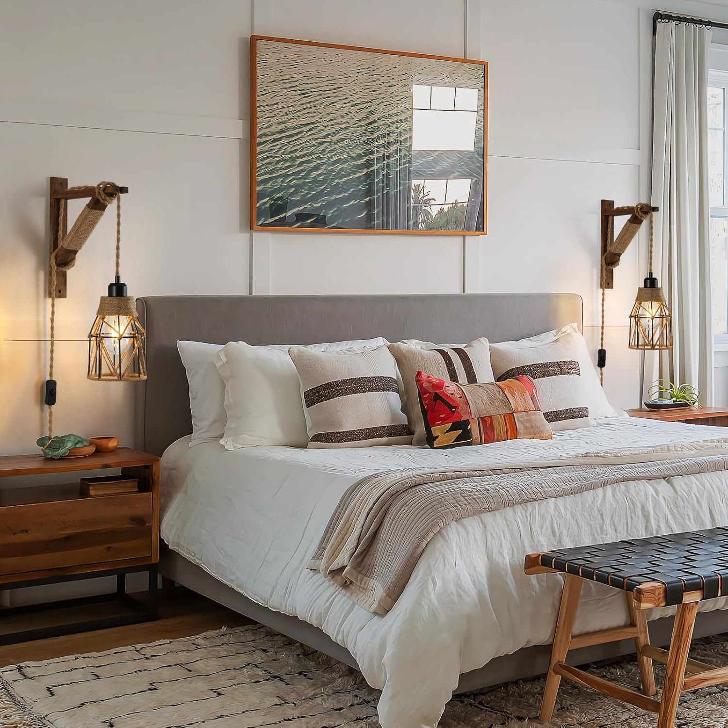 2-Pack Plug-in Wall Sconces – Farmhouse Metal Cage Lights with Distressed Wood B