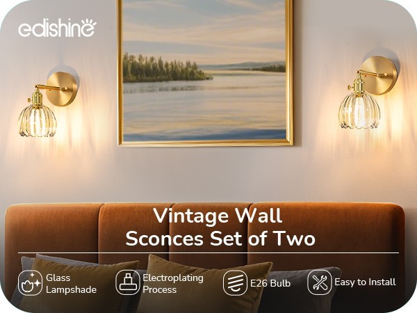 EDISHINE Vintage Brass Gold Vanity Lights, 180° Adjustable Head, Rotary Switch
