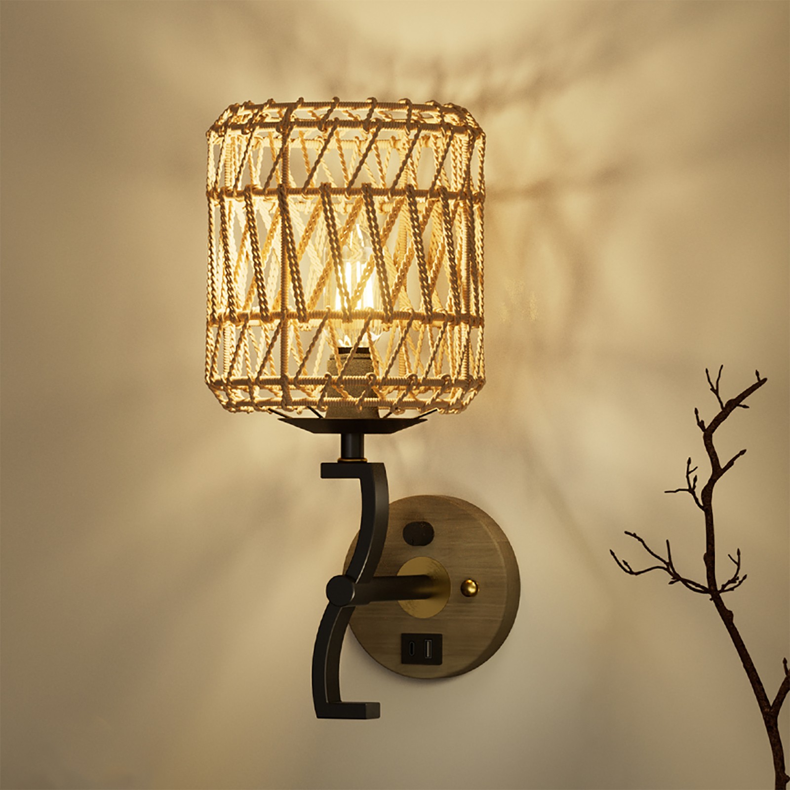 Farmhouse Wall Sconce Plug in Wall Light Rattan Shade for Bedroom Wall Lamp Wood
