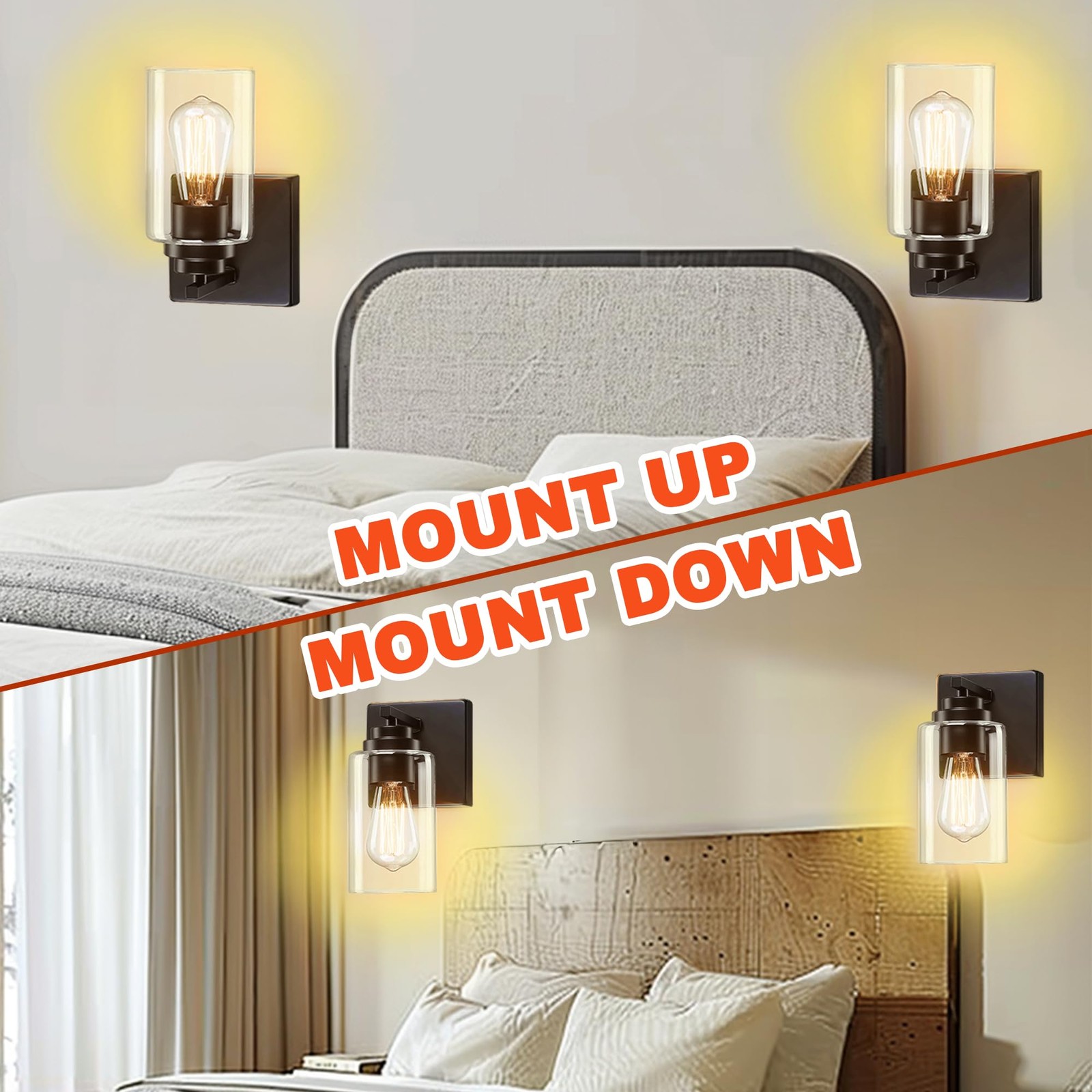 Wall Sconces Set of Two, Wall Mounted Bedside Lamps with Rotary Switch, Matte…