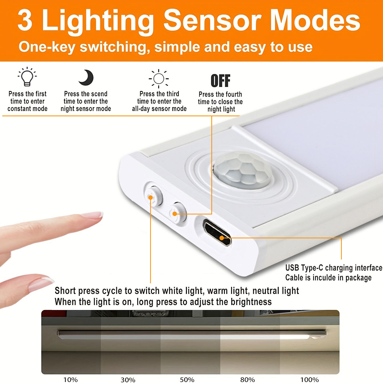 LED Motion Sensor Under Cabinet Closet Light USB Rechargeable Kitchen Strip Lamp