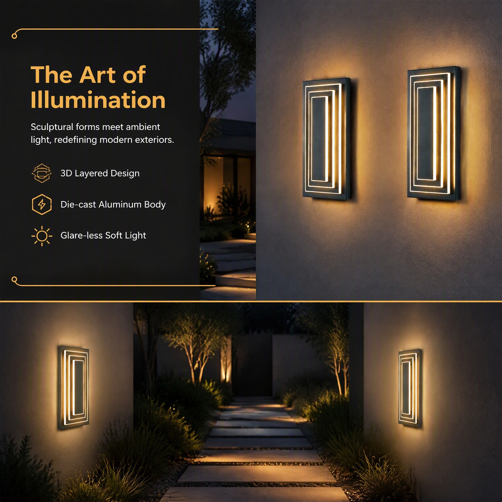 2 Pack 16″ Outdoor LED Wall Light Modern Black Porch Garage Sconce Fixture 3000K