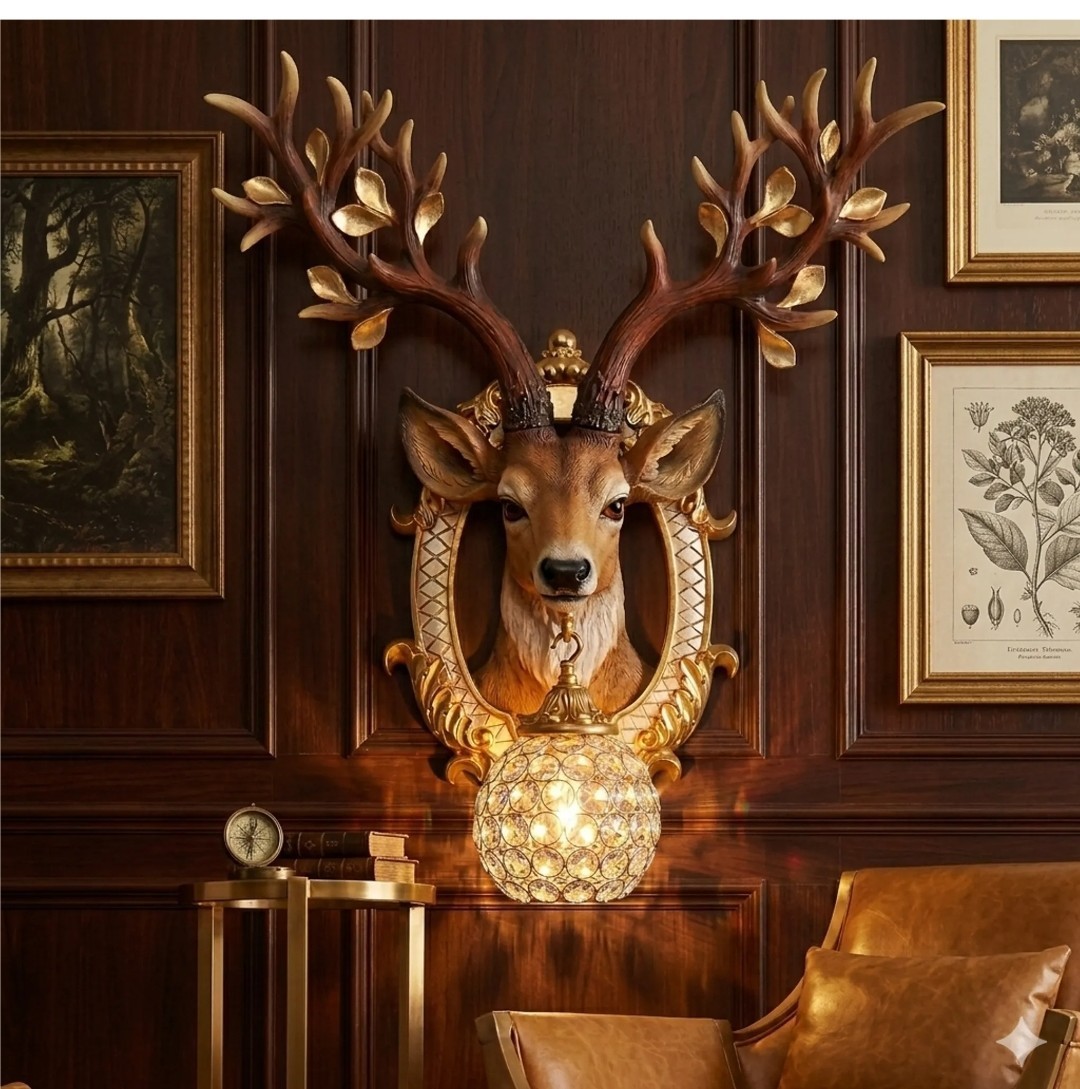 Luxury Deer Head Crystal Globe Wall Sconce Light – Vintage Decorative Resin Wall