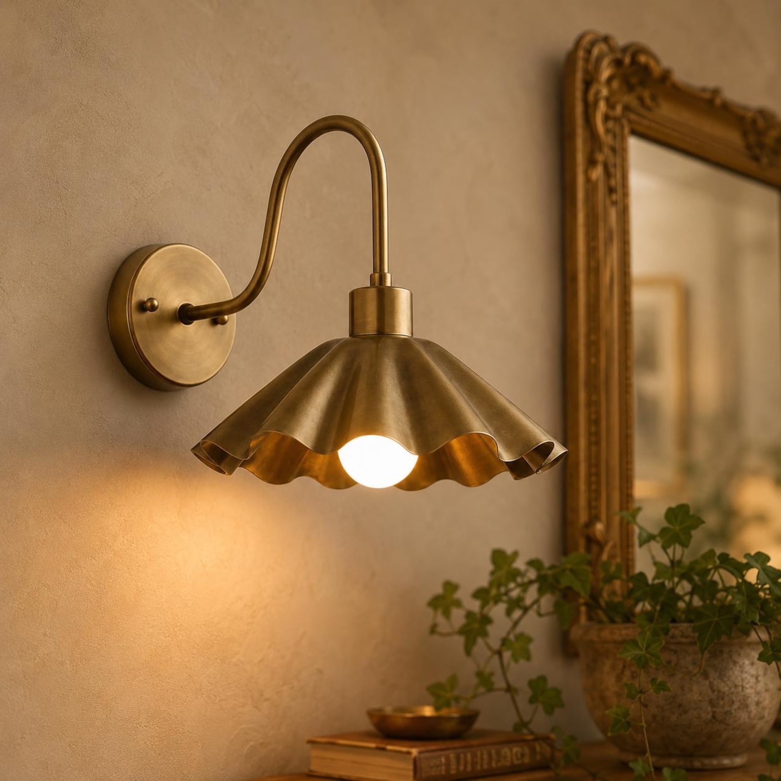 Handmade Solid Brass Ruffle Shade Sconce, Mid Century Modern Scalloped Wall Ligh