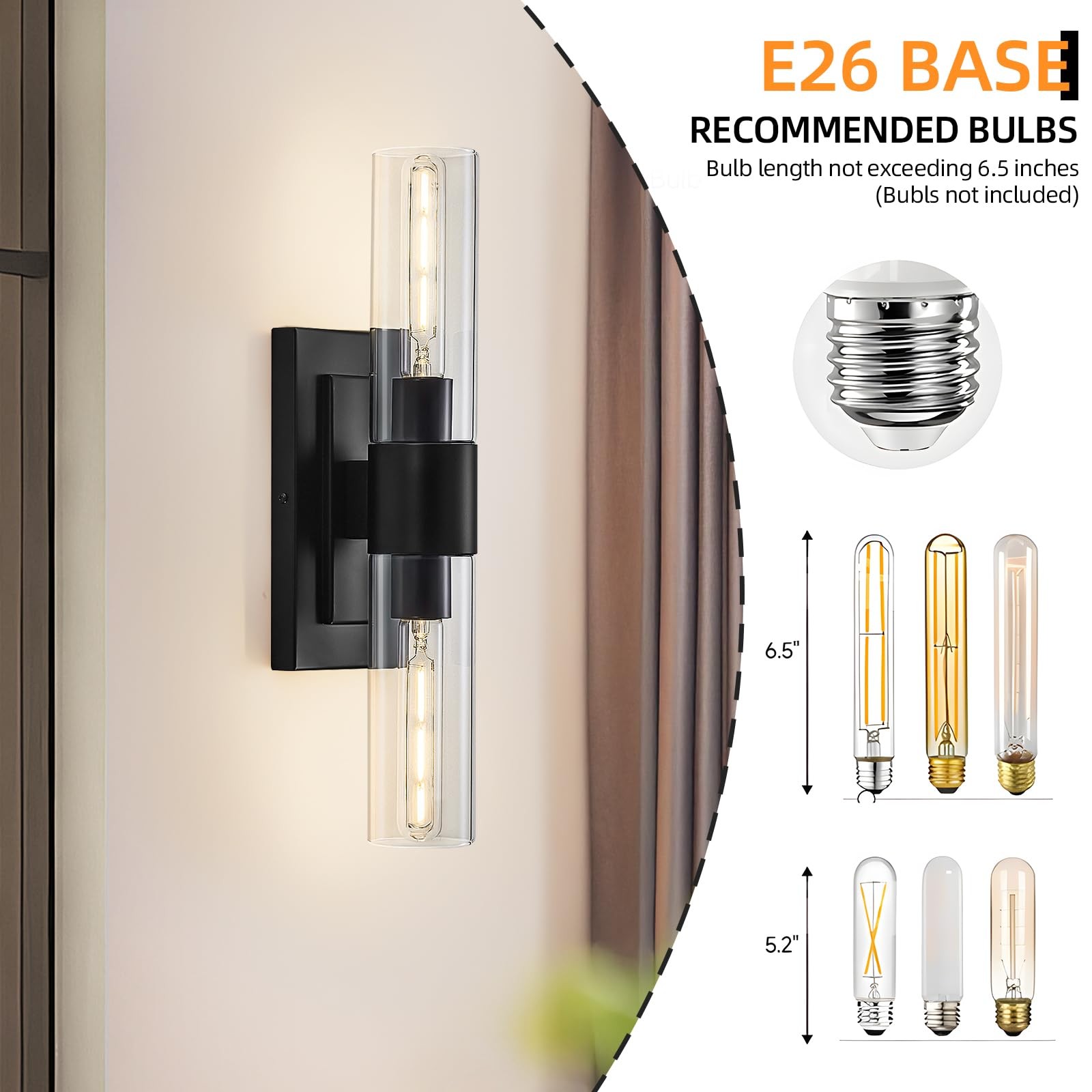 19 Modern Wall Sconce,2-Light Bathroom Vanity Light,Glass Tube Indoor Wall Sconc