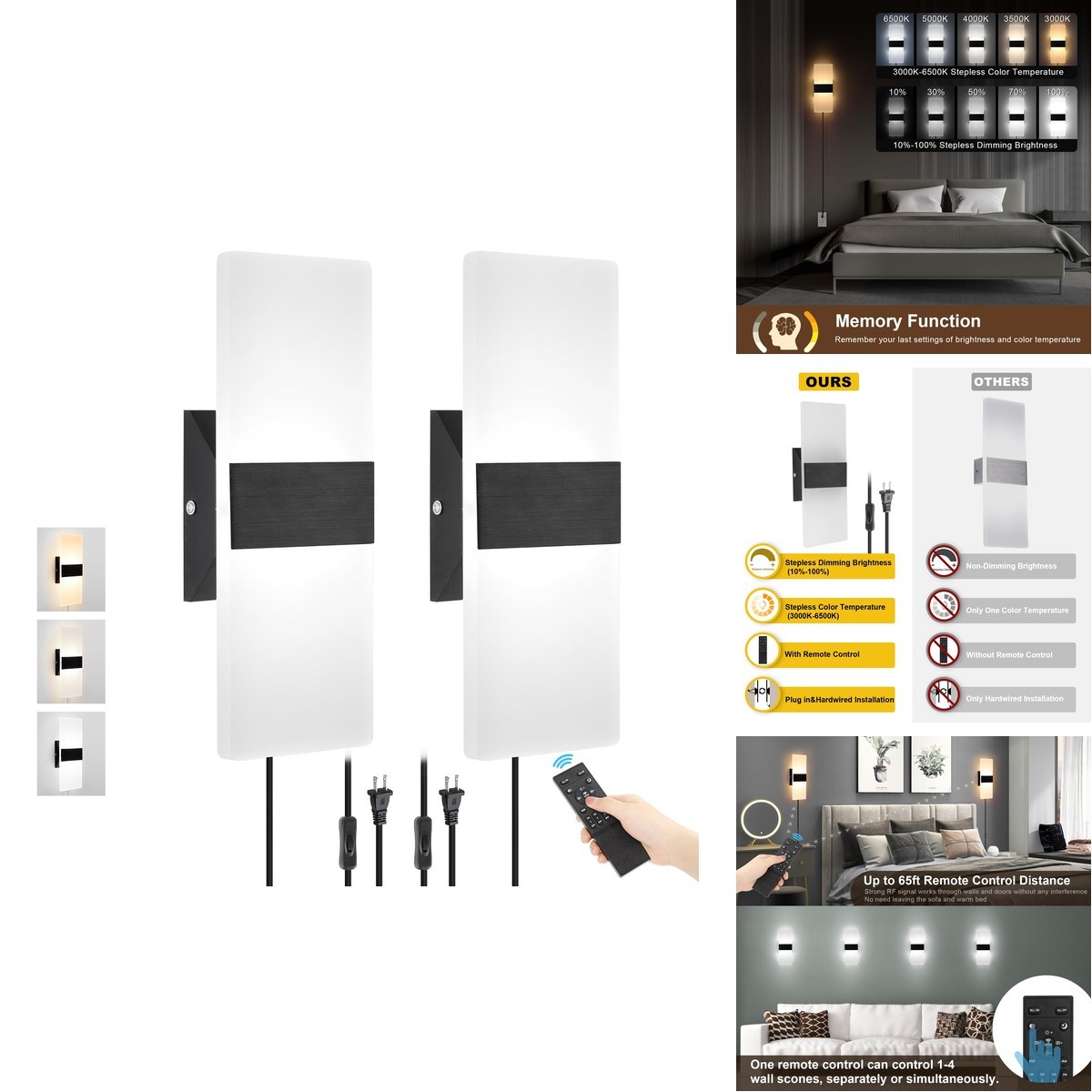 GOODATE Plug In Wall Sconces Adjustable 3000K-6500K Colors & 10%-100%