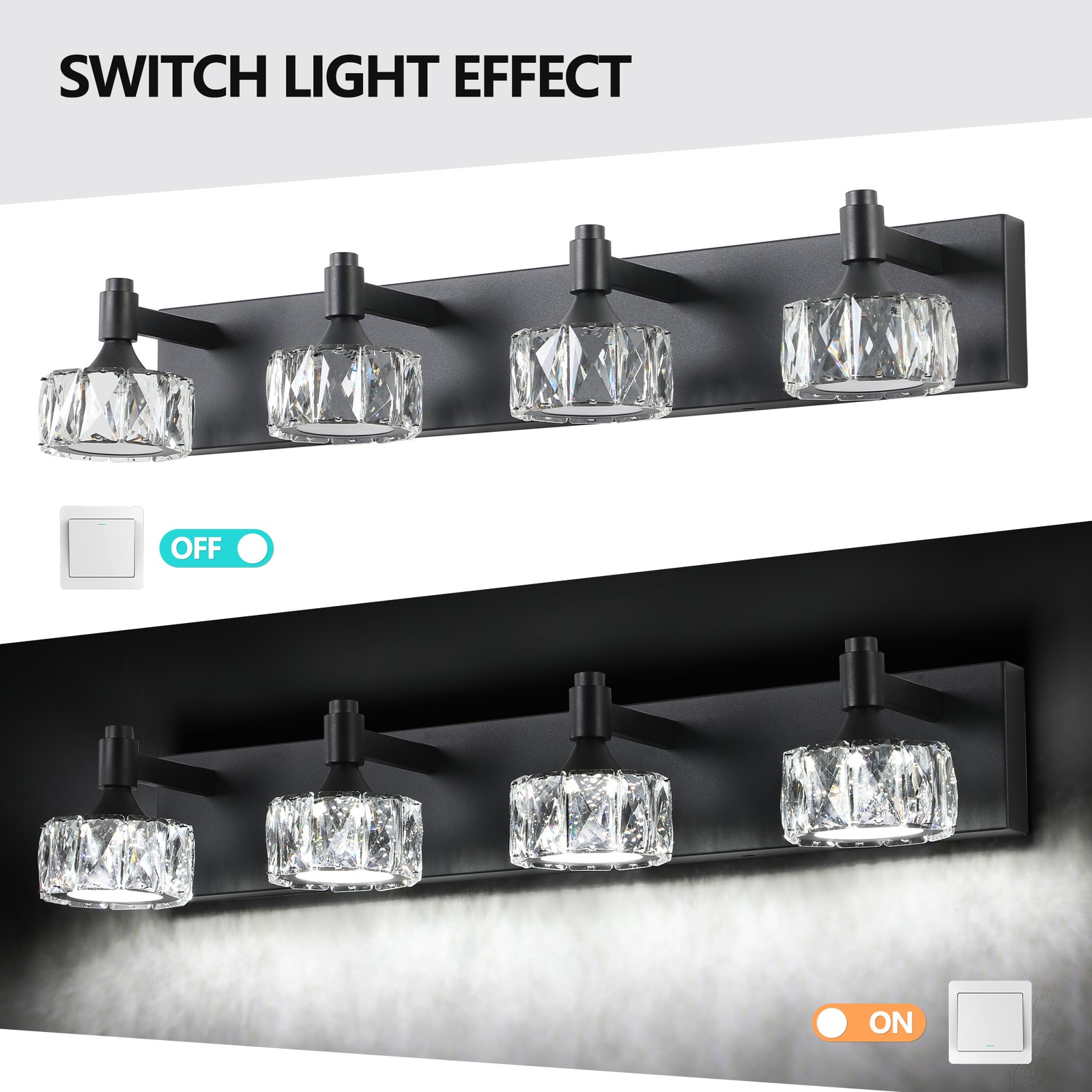Black 28» Vanity 4 Light Crystal for Bathroom Mirror Wall Lamp Dimmable Fixture