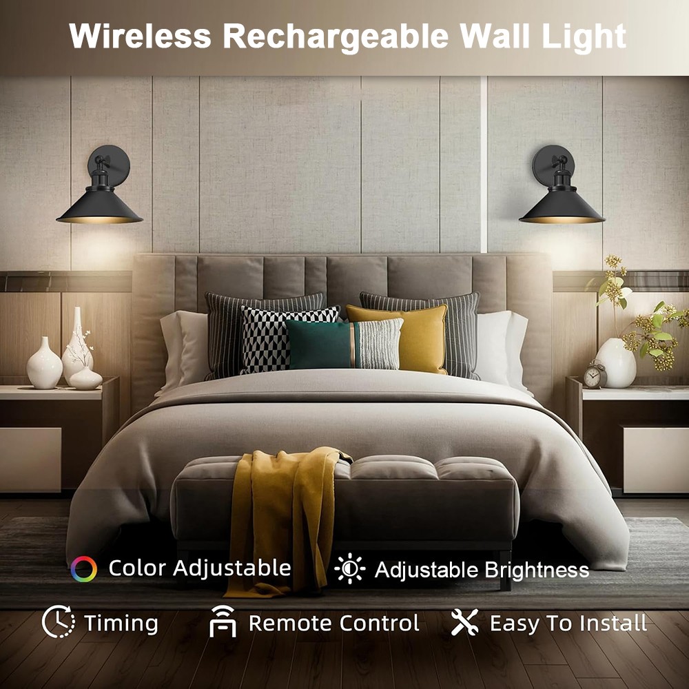 2/4PCS LED Wall Lights Battery Operated Wall Sconce Black w/Button Switch Remote