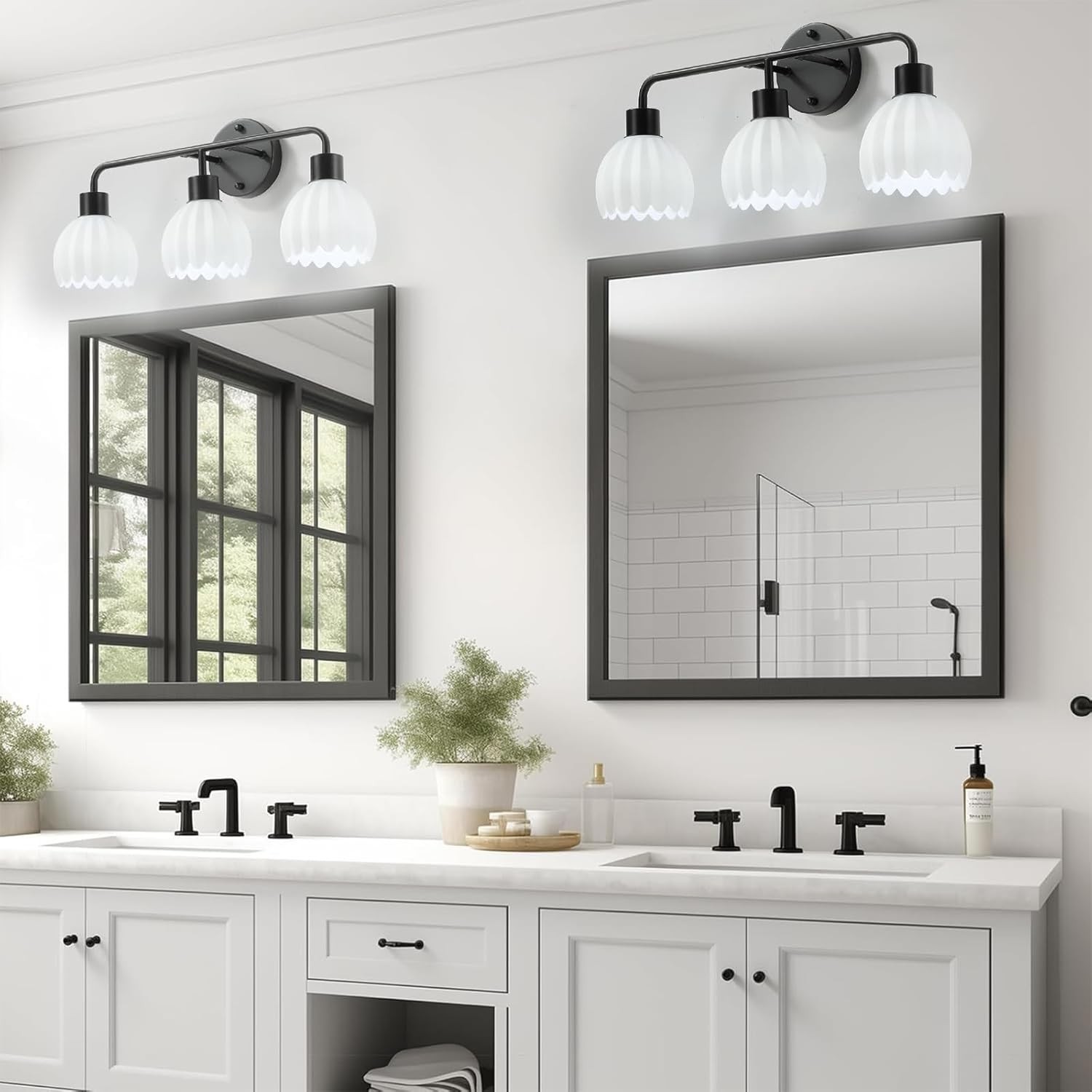 Sleek Black 3-Light Vanity Wall Sconce with Elegant Milk White Glass Shades